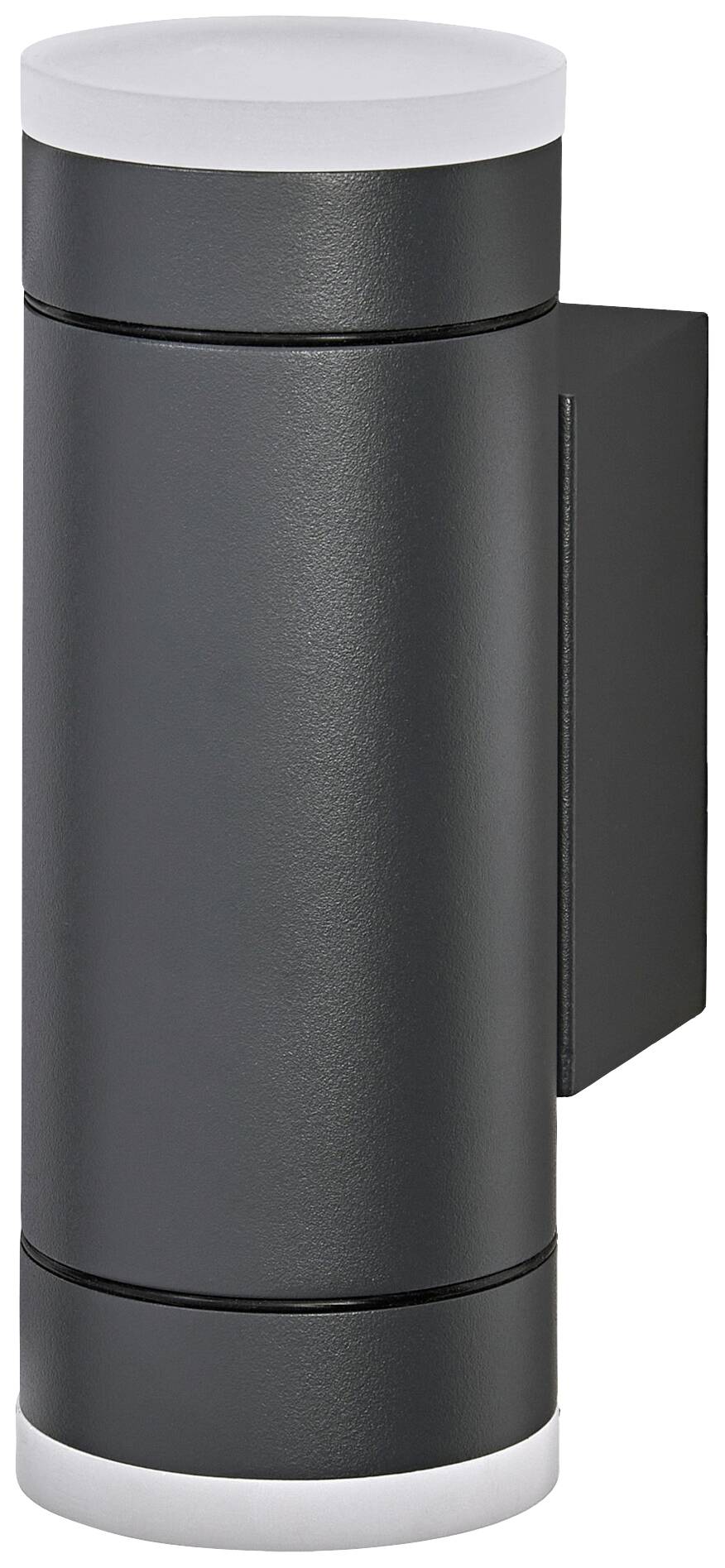 Schwarze zylindrische Wandleuchte mit Lichtauslässen oben und unten, montiert an einer rechteckigen Basis.