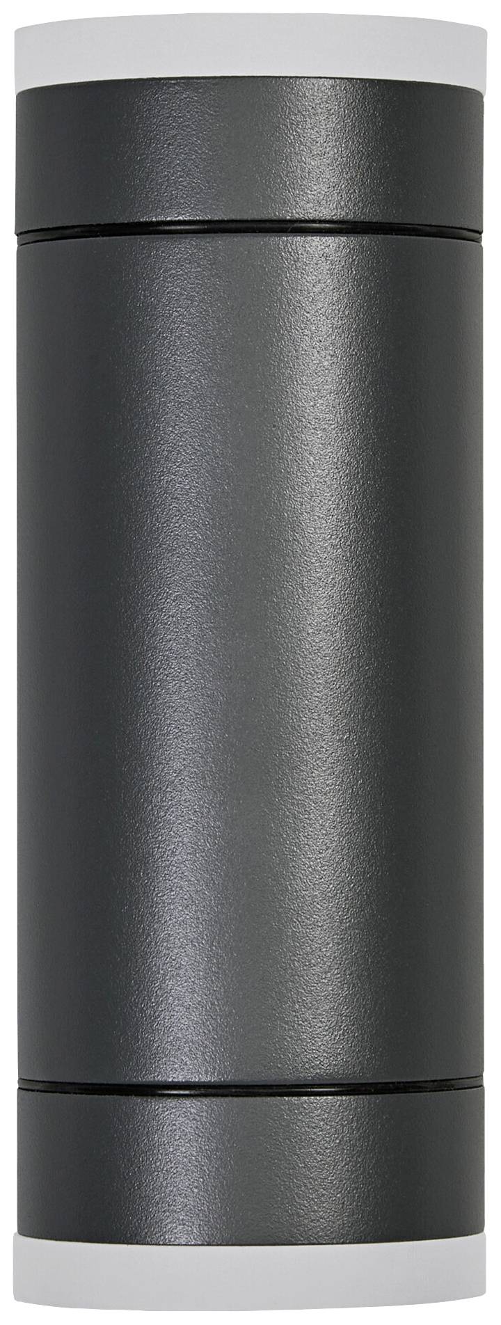 Schwarze, zylindrische Wandlampe, vertikal ausgerichtet, mit dezenten silbernen Akzenten oben und unten.