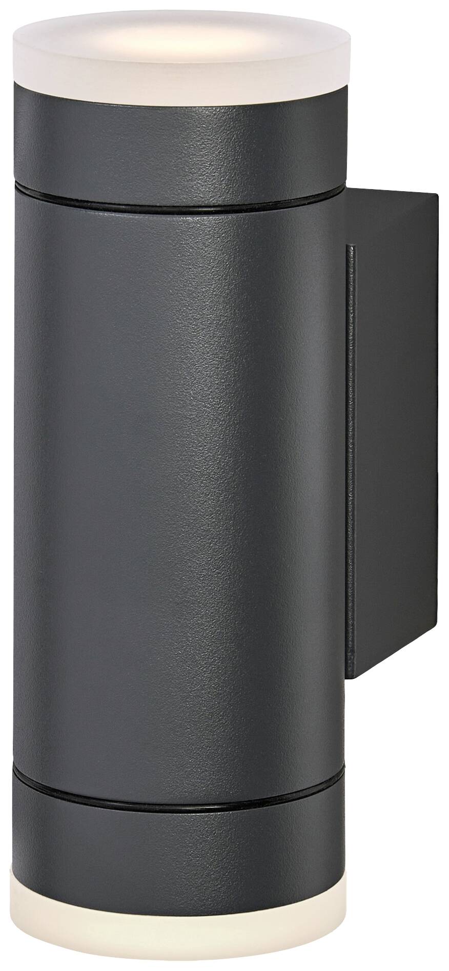 Schwarze zylindrische Außenwandleuchte mit Lichtaustritt nach oben und unten. Minimalistisches Design für moderne Außenbereiche.