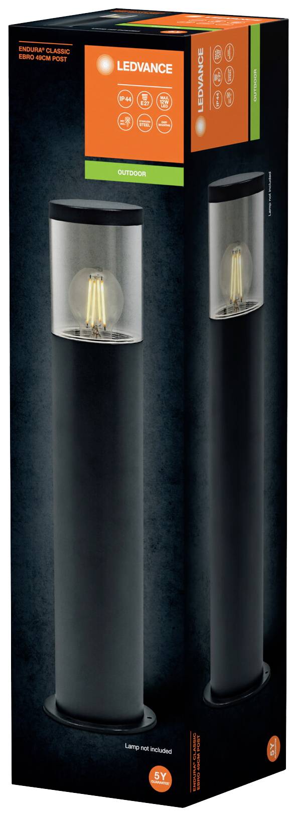 Verpackung einer LEDVANCE LED-Außenleuchte. Zeigt die Lampe mit klarer Abdeckung und E27-Fassung. Geeignet für den Außenbereich.