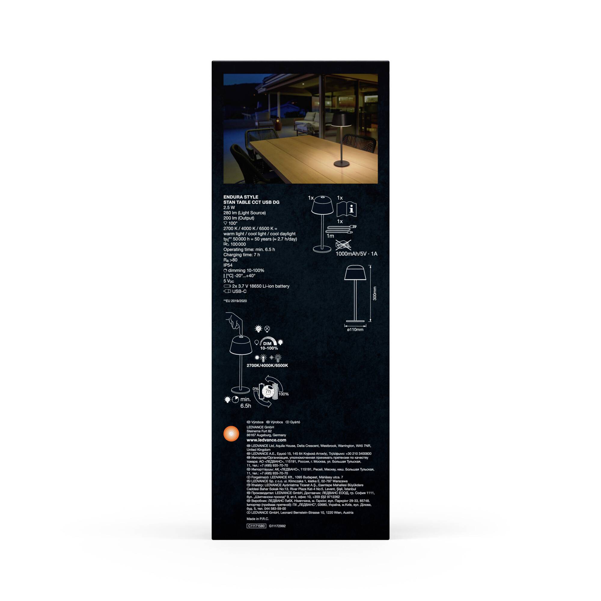 Ein Prospektbild einer Tischlampe. Oben eine Außenansicht mit beleuchtetem Tisch, darunter technische Informationen und Abbildungen der Lampe.