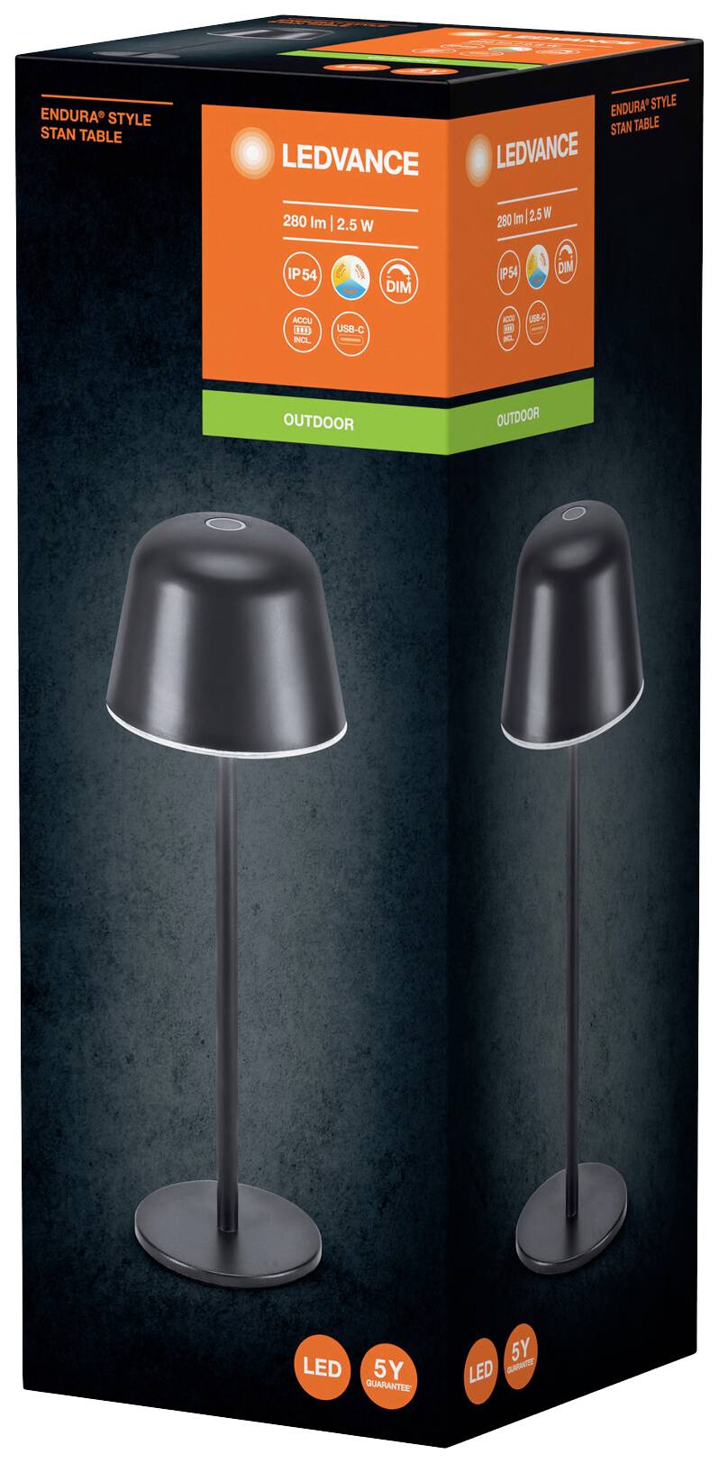 Eine schwarze LED-Tischlampe verpackt in einer Box der Marke 'Ledvance'. Geeignet für den Außenbereich, 280 Lumen, 2,8 Watt.