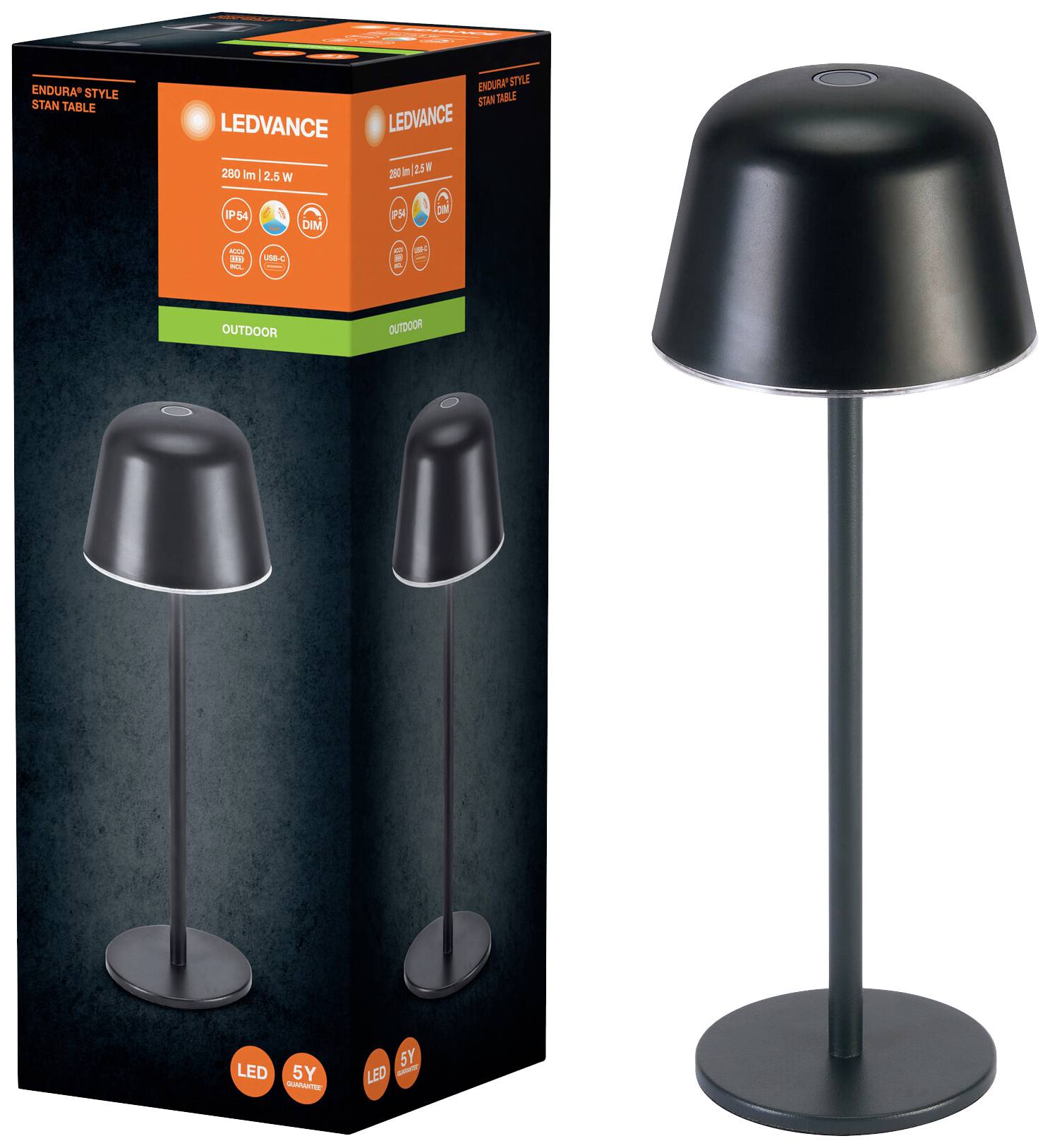 'LED-Tischleuchte von Ledvance: Outdoor-fähig, schwarzes Design, 190 lm, 2,2 W, für stilvolle Außenbeleuchtung.'