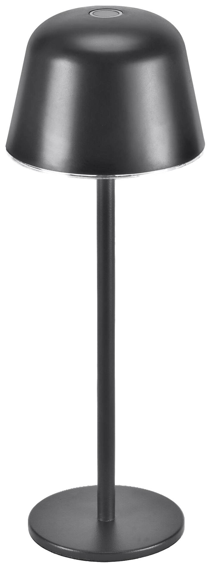 Schwarze, moderne Tischlampe mit zylindrischem Schirm auf einem schmalen Ständer. Ideal für minimalistische Inneneinrichtungen.