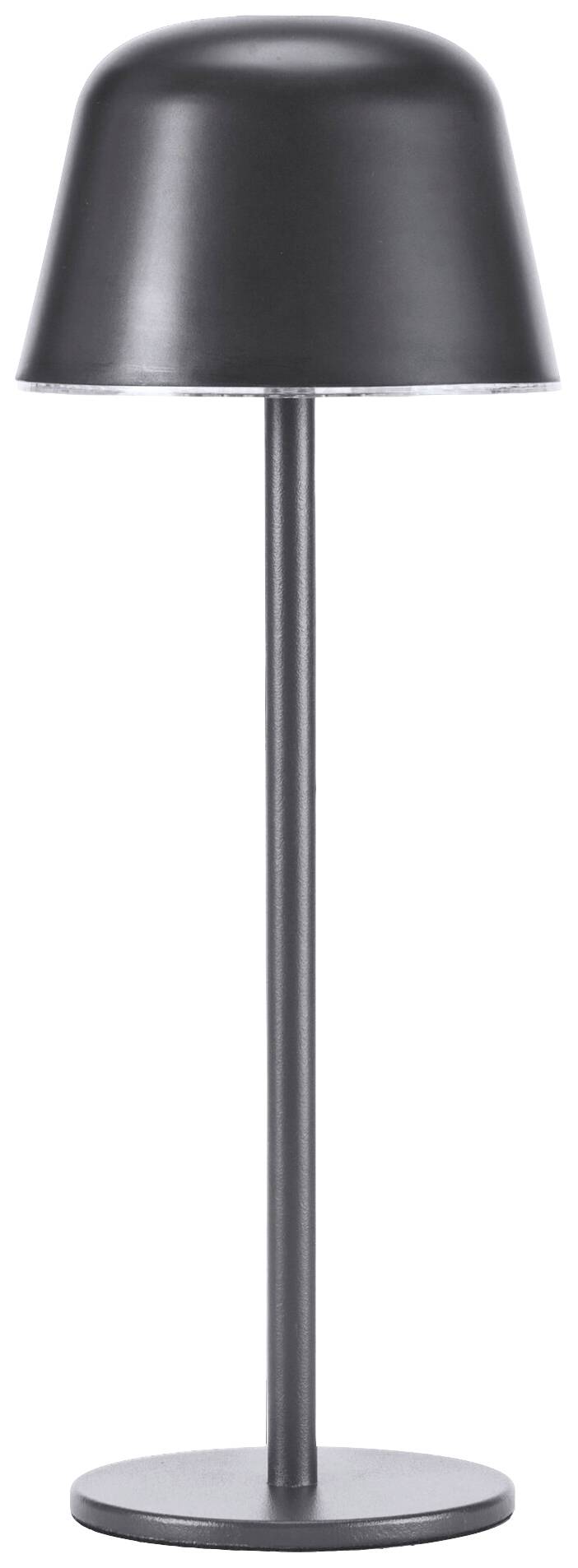 Eine schwarze, schlanke Stehlampe mit rundem Fuß und kuppelförmigem Schirm.