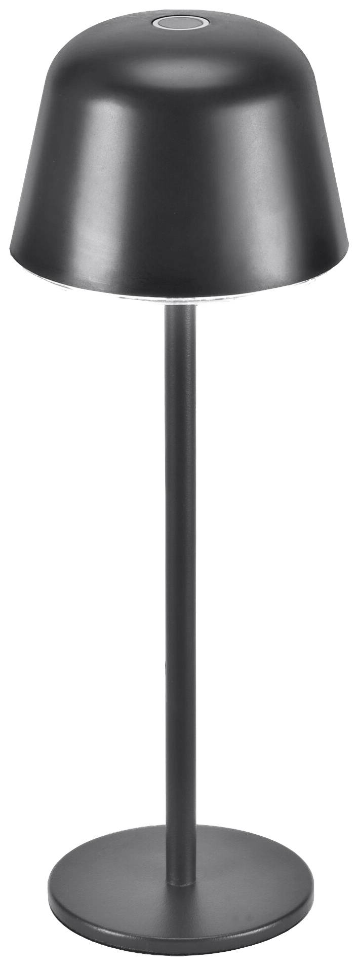 Eine schlanke, moderne Stehlampe in Schwarz. Der Lampenschirm ist halbrund, und die Basis ist flach und rund. Ideal für minimalistische Räume.