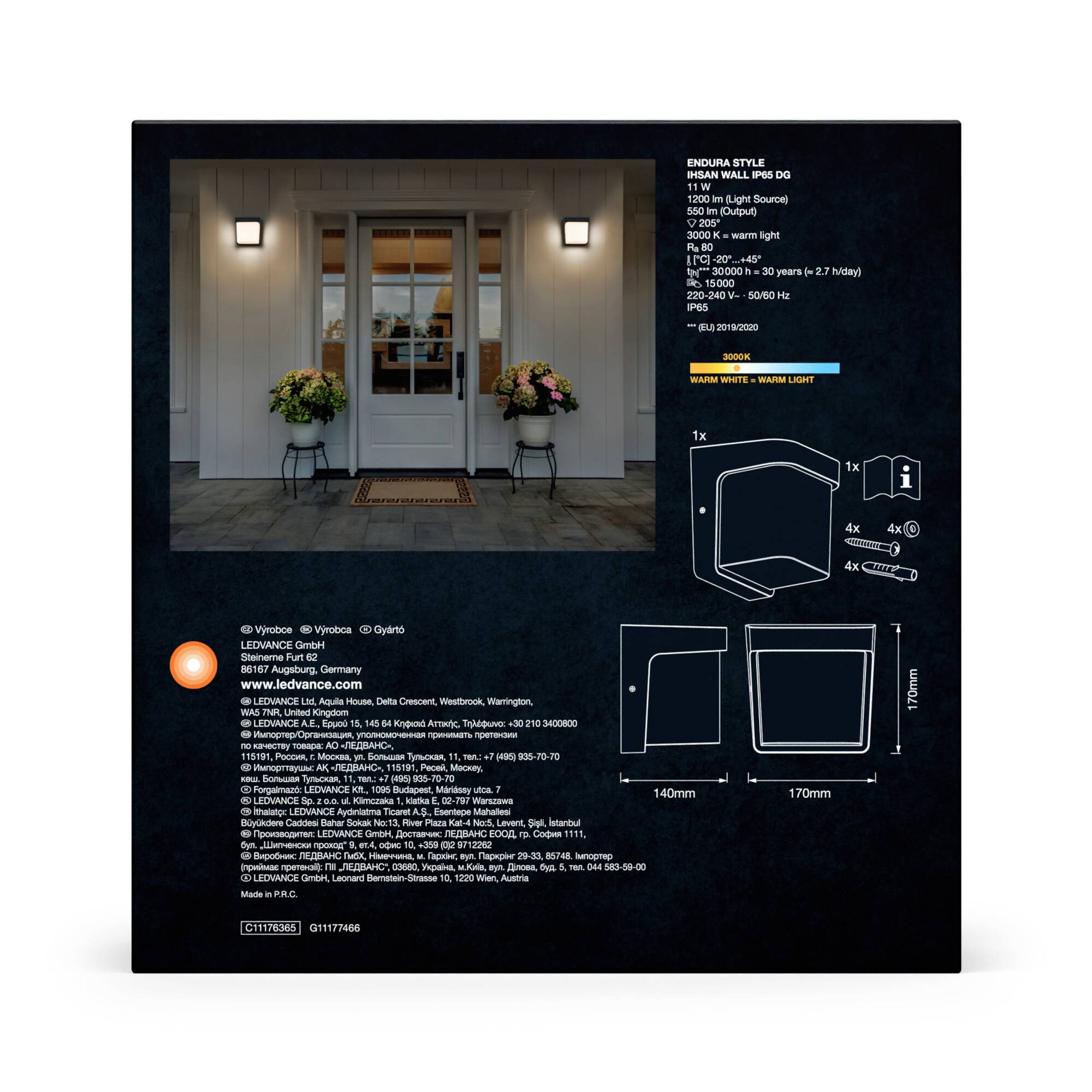 Eingangstür mit zwei Wandlampen und Blumen in Töpfen. Daneben technische Zeichnung einer Lampe mit Maßangaben. Textdetails auf schwarzem Hintergrund.