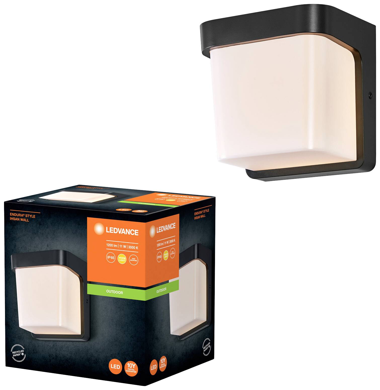 Schwarze LED-Außenwandleuchte von Ledvance mit modernem Design, passend für Außenbereiche. Verpackung zeigt Produkt und relevante Details.