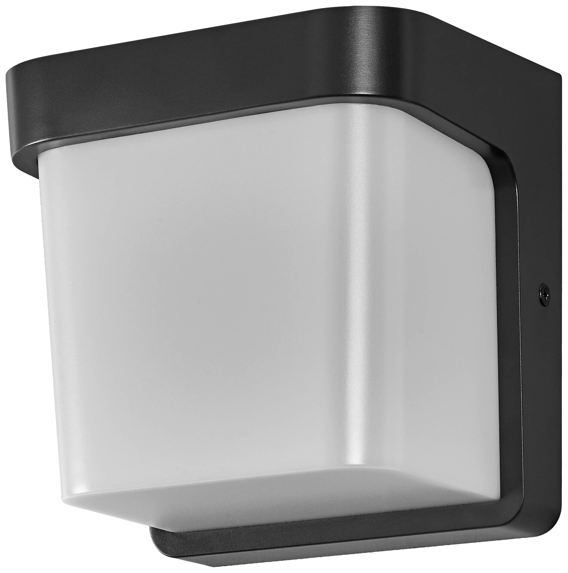 Außenwandleuchte in Schwarz mit rechteckigem, weißen Leuchtkörper. Ideal für moderne Hausfassaden.