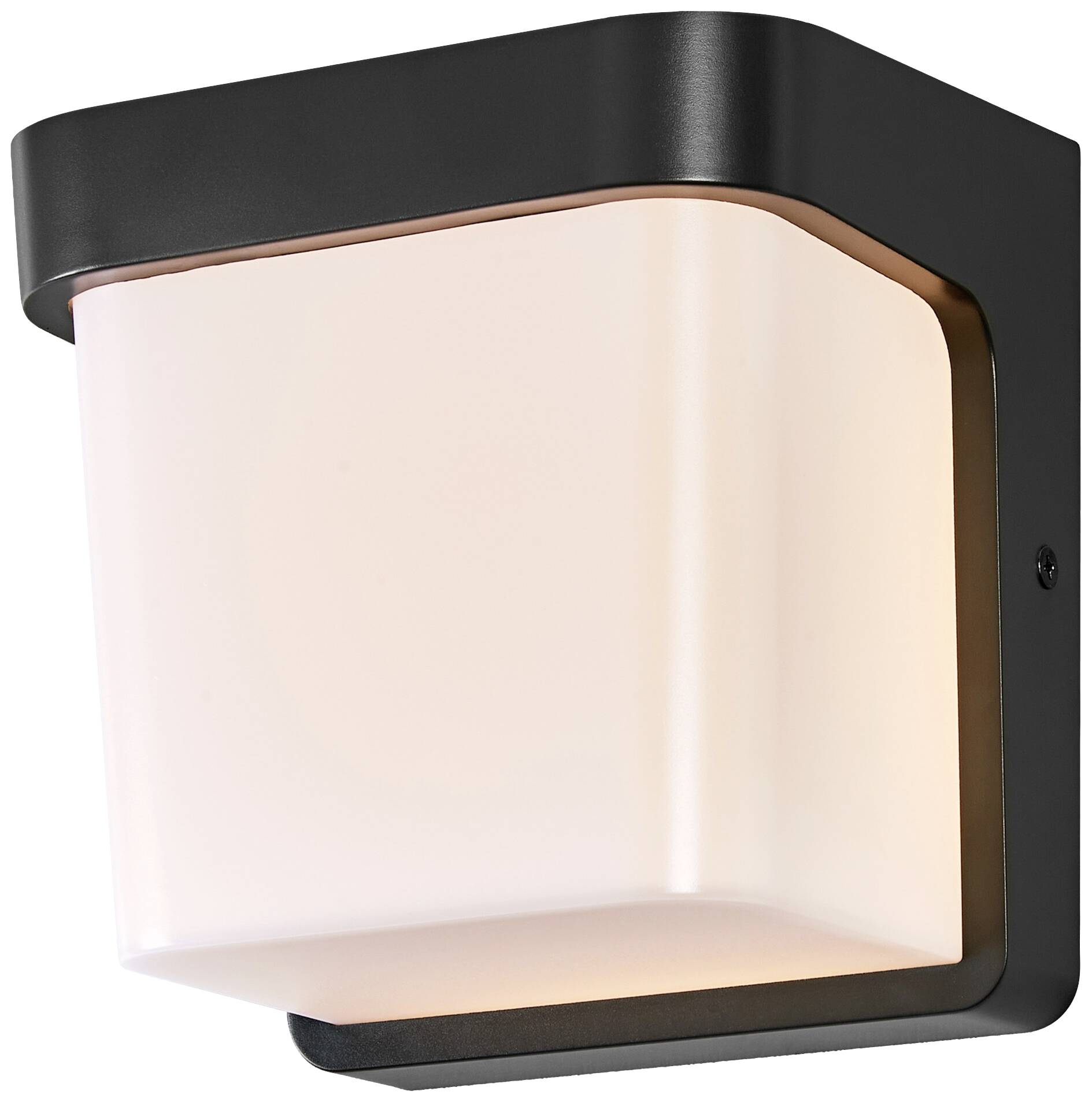 Moderne Wandlampe mit schwarzem Gehäuse und weißem, würfelförmigem Lampenschirm. Geeignet für Innenbeleuchtung.