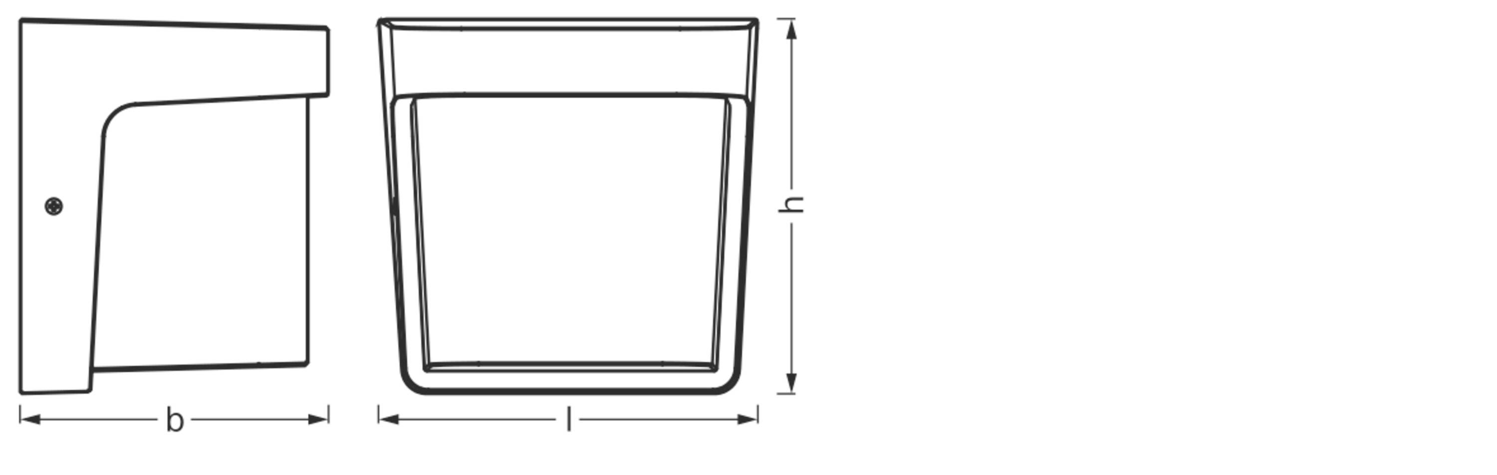 'Technische Zeichnung eines quadratischen Behälters mit Wandhalterung. Zeigt Seitenansicht mit Breite (b) und Höhe (h).'