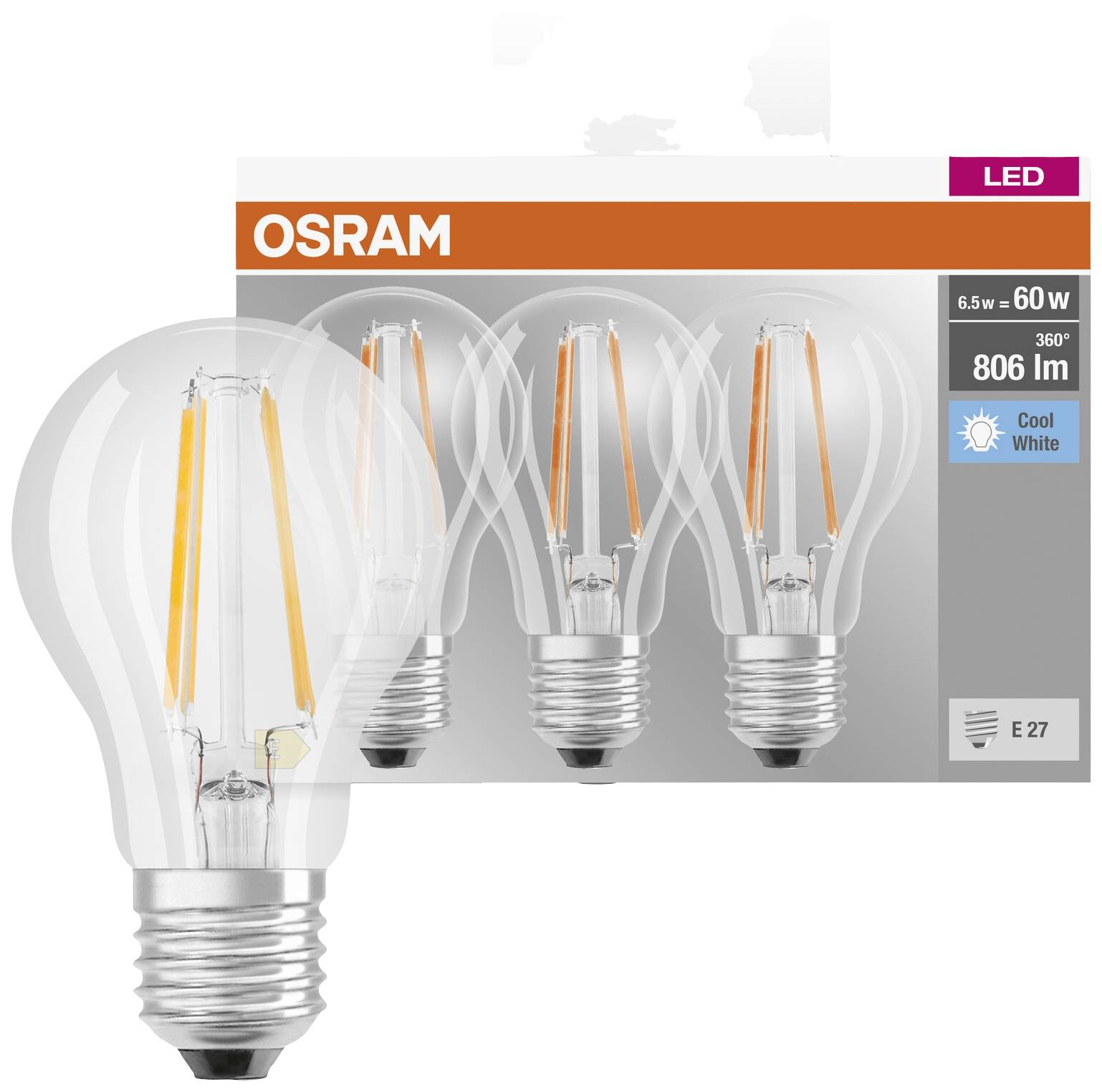 Vier LED-Glühbirnen in einer Verpackung, Marke Osram, 6,5W entspricht 60W, 806 Lumen, E27-Sockel, kühles weißes Licht.