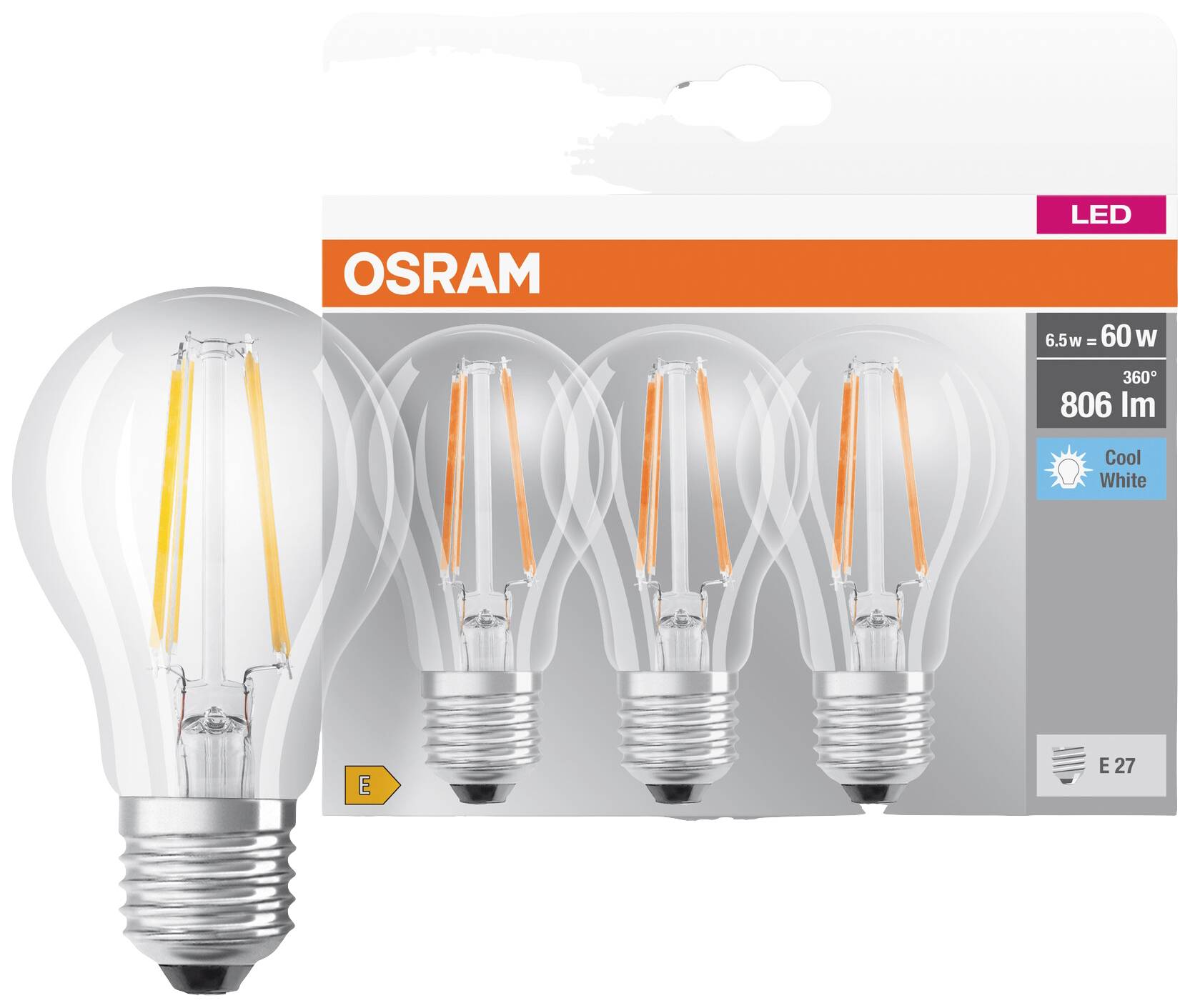 Verpackung mit drei LED-Glühbirnen von OSRAM, 6,5 W, E27, 806 Lumen, kühles Weiß, energiesparend, für Wohnbeleuchtung geeignet.
