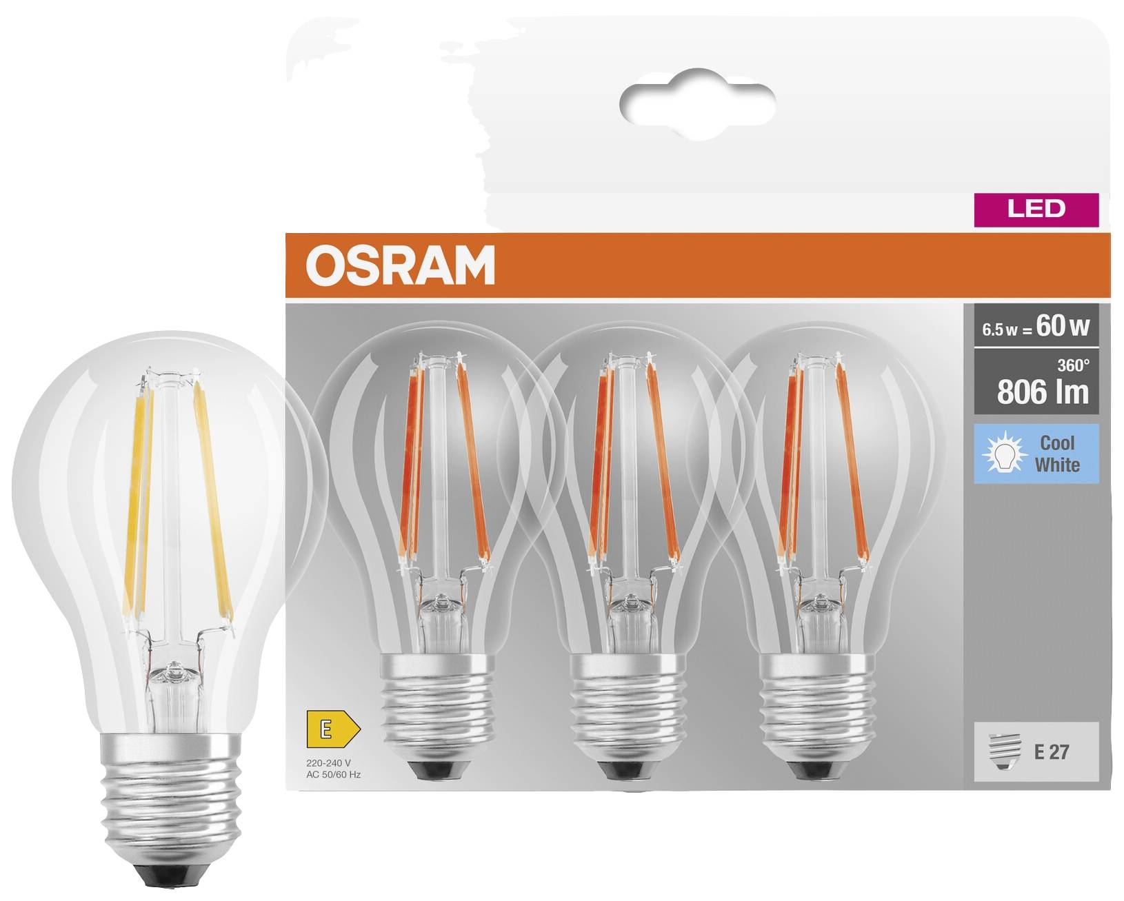 Die Abbildung zeigt eine OSRAM LED-Glühbirnen-Verpackung mit vier Glühbirnen. Sie hat 6,5 Watt, entspricht 60 Watt, 806 Lumen, E27-Sockel, kühles Weiß.