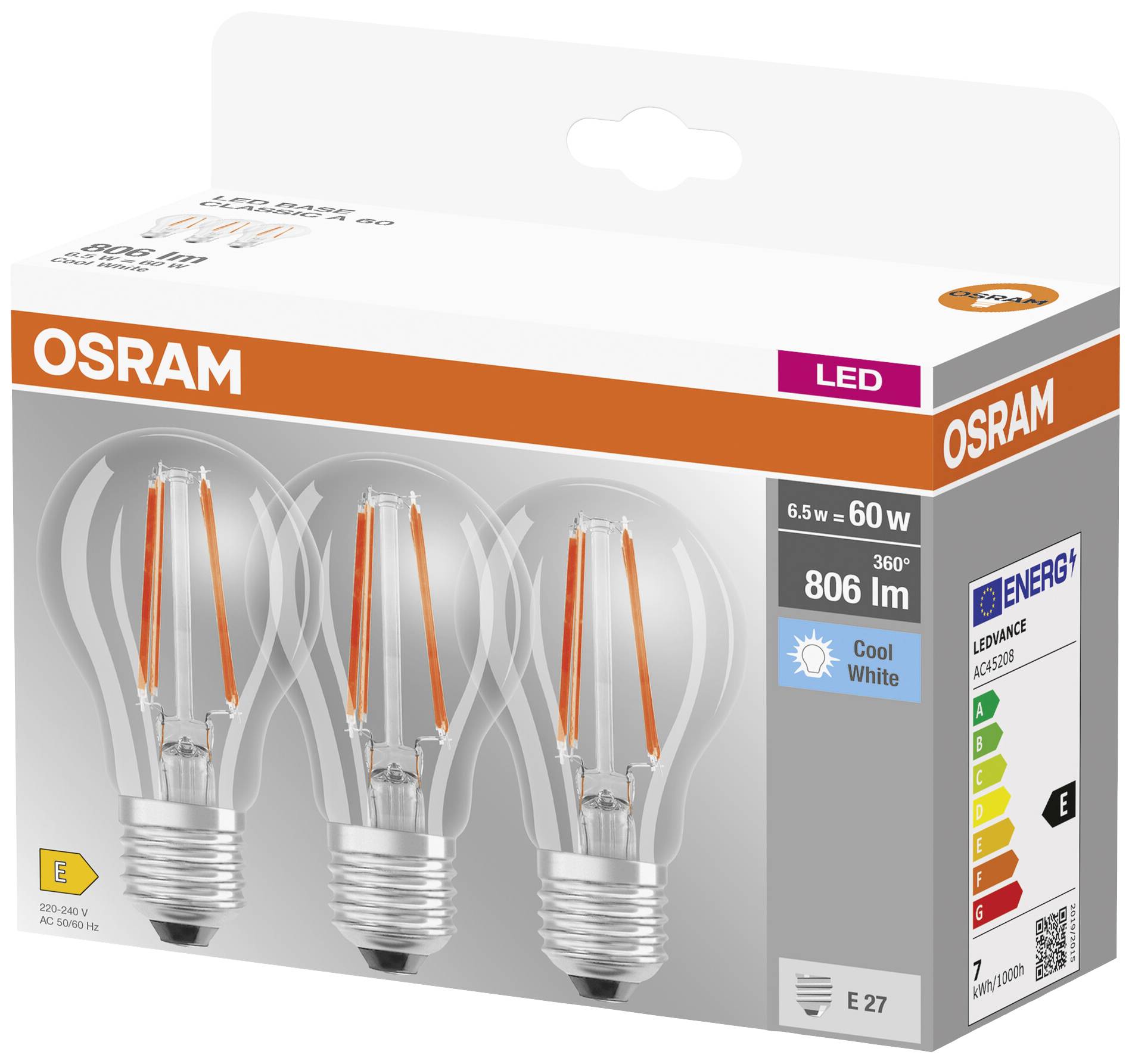 Verpackung mit drei LED-Glühbirnen der Marke OSRAM, 6,5 W entspricht 60 W, 806 lm, Cool White, Energieeffizienzklasse E.