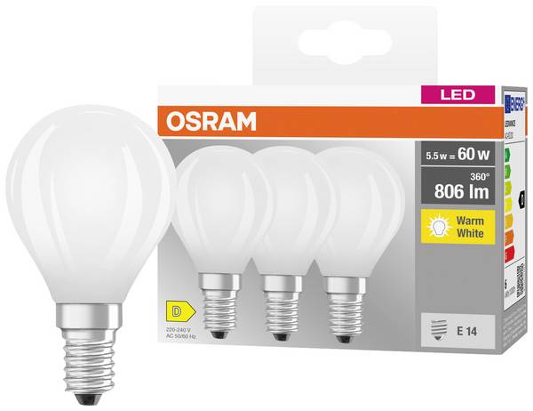 OSRAM HOMELIGHTING 4058075592599 LED EEK D (A - G) E14 Tropfenform 5.5 W = 60 W Warmweiß (Ø x H) 45 mm x 45 mm  3 St.