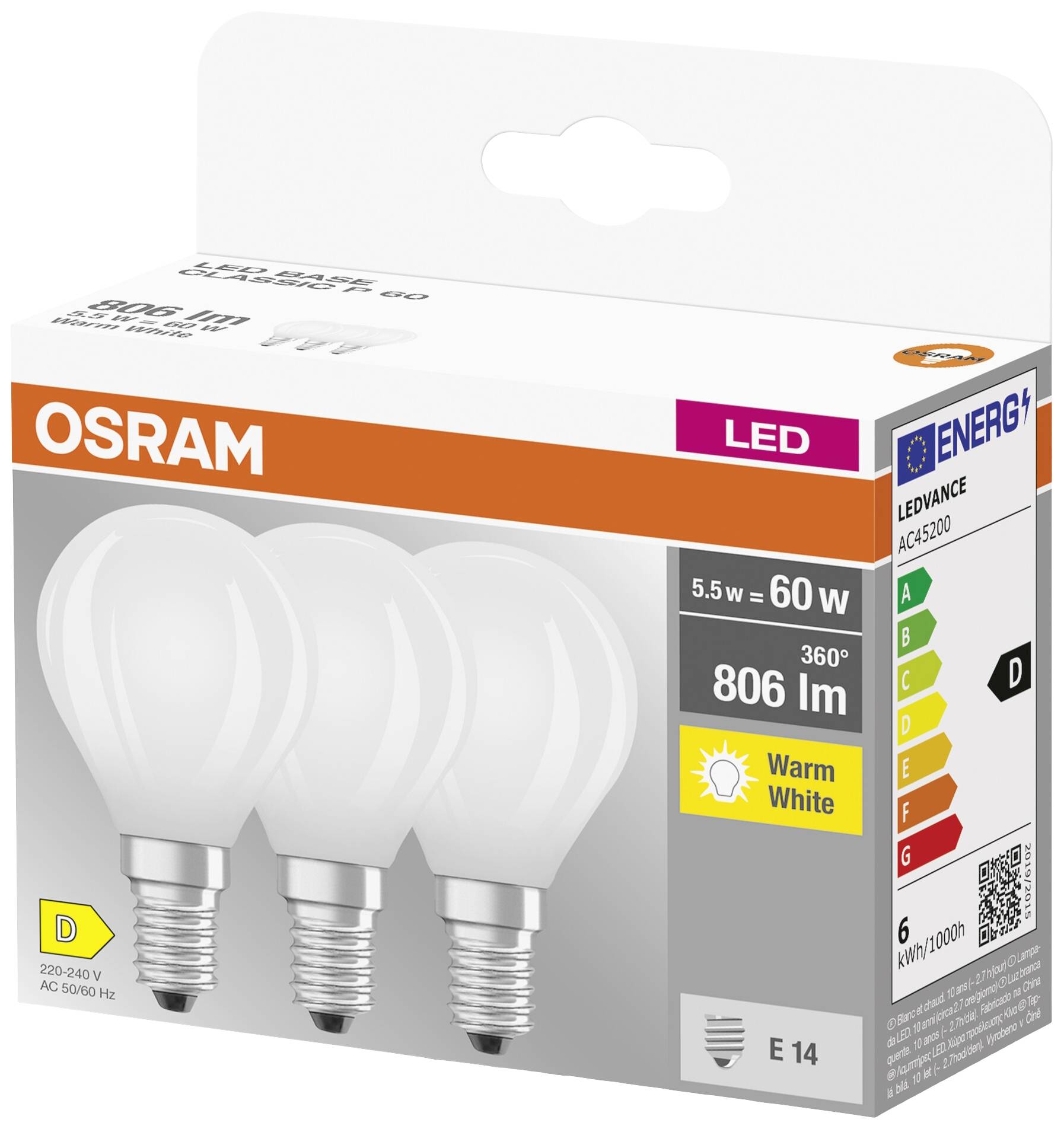 LED-Leuchtmittel von Osram: 3er-Pack in warmweiß mit einer Leistung von 806 Lumen. Energieklasse D, entspricht 60 W, Sockel E14.