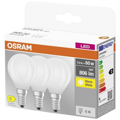 LED-Leuchtmittel von Osram: 3er-Pack in warmweiß mit einer Leistung von 806 Lumen. Energieklasse D, entspricht 60 W, Sockel E14.