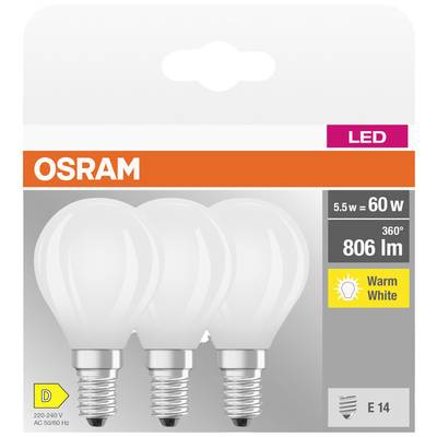 Osram LED-Glühbirnenverpackung mit Angaben: 5,5 W entspricht 60 W, 806 lm, warmweiß, Energieklasse D, E14 Sockel.