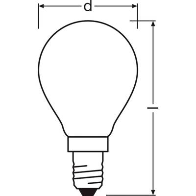 Diagramm einer Glühbirne mit Pfeilen zur Höhen- (h) und Durchmesserangabe (d).