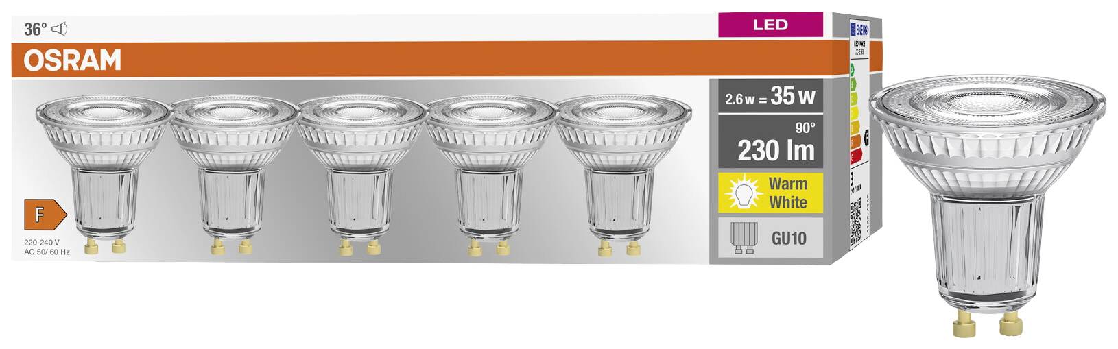 Sechs LED-Glühlampen von Osram in einer Verpackung. 35 Watt, 230 Lumen, warmweißes Licht, GU10-Sockel. Energieeffizienzklasse F.