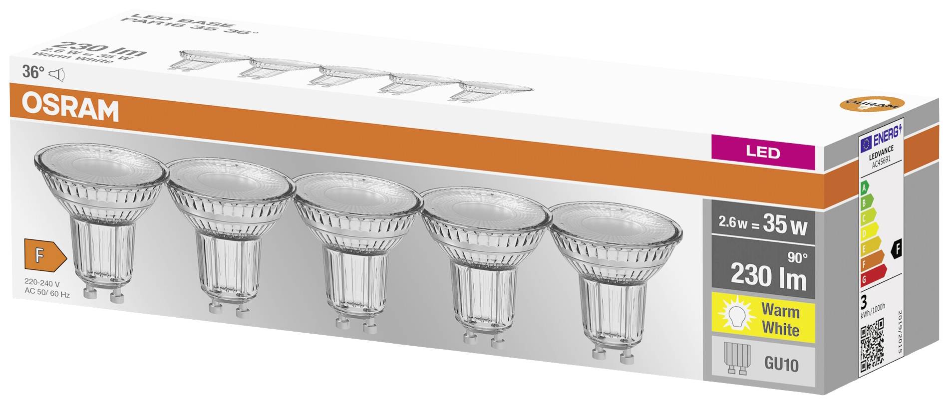 'OSRAM LED GU10 Leuchtmittel, 230 lm, 2,6 W, 35 W Äquivalent, warmweiß, Energieeffizienzklasse F, 5er Packung' Verpackung.