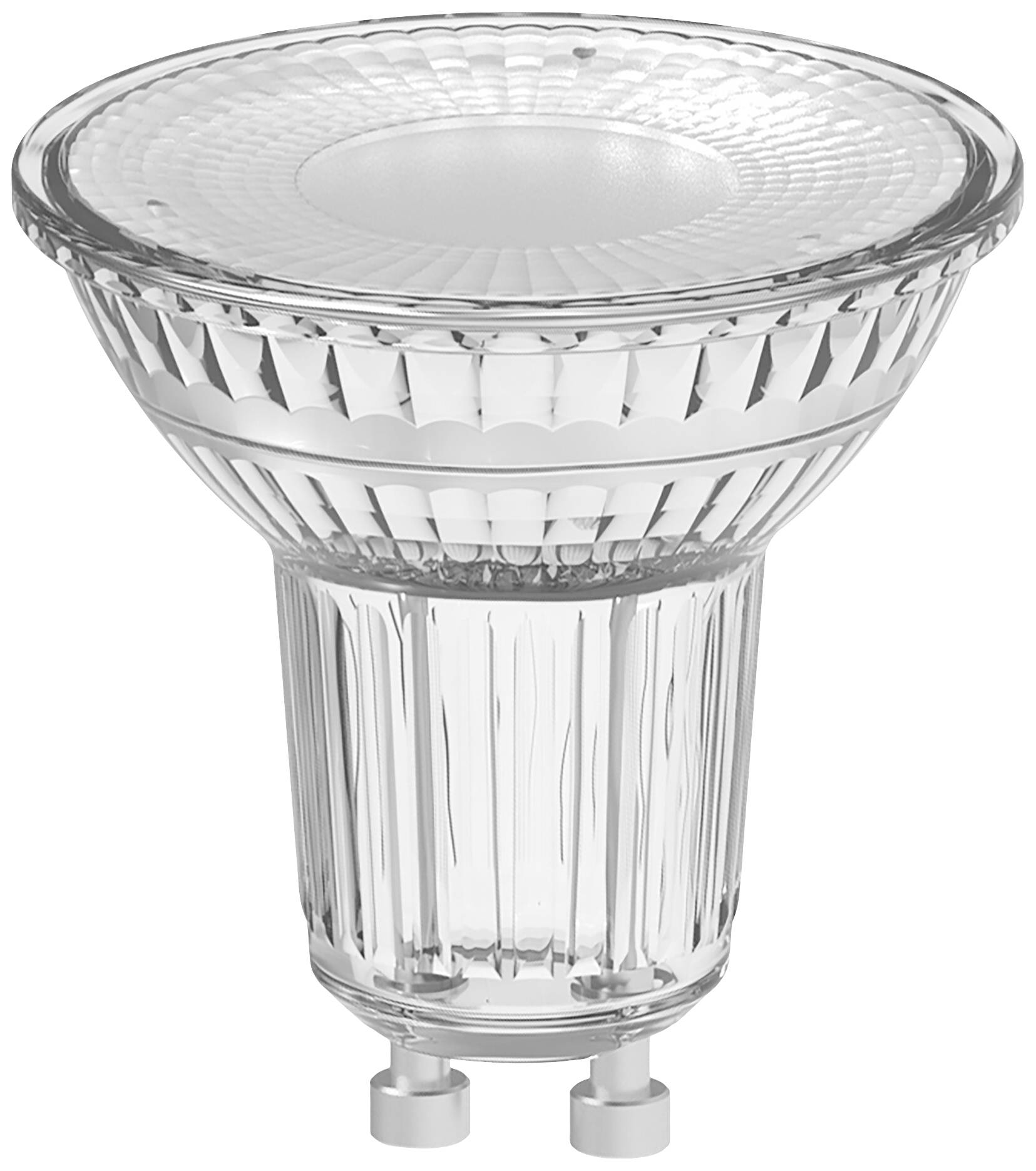 Eine transparente LED-Lampe mit GU10-Sockel, in Seitenansicht, zeigt feine Details des Glasdesigns.