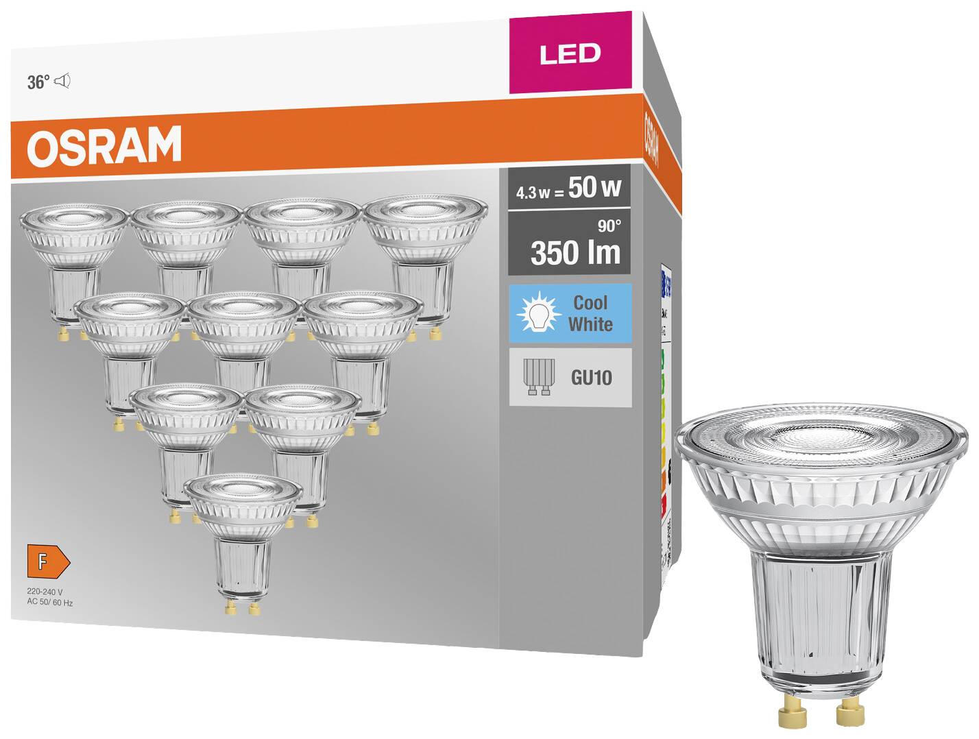 LED-Glühbirne von Osram, 50W, GU10-Sockel, Set aus mehreren Lampen. Energieeffizienzklasse F, kühles weißes Licht, 350 Lumen.