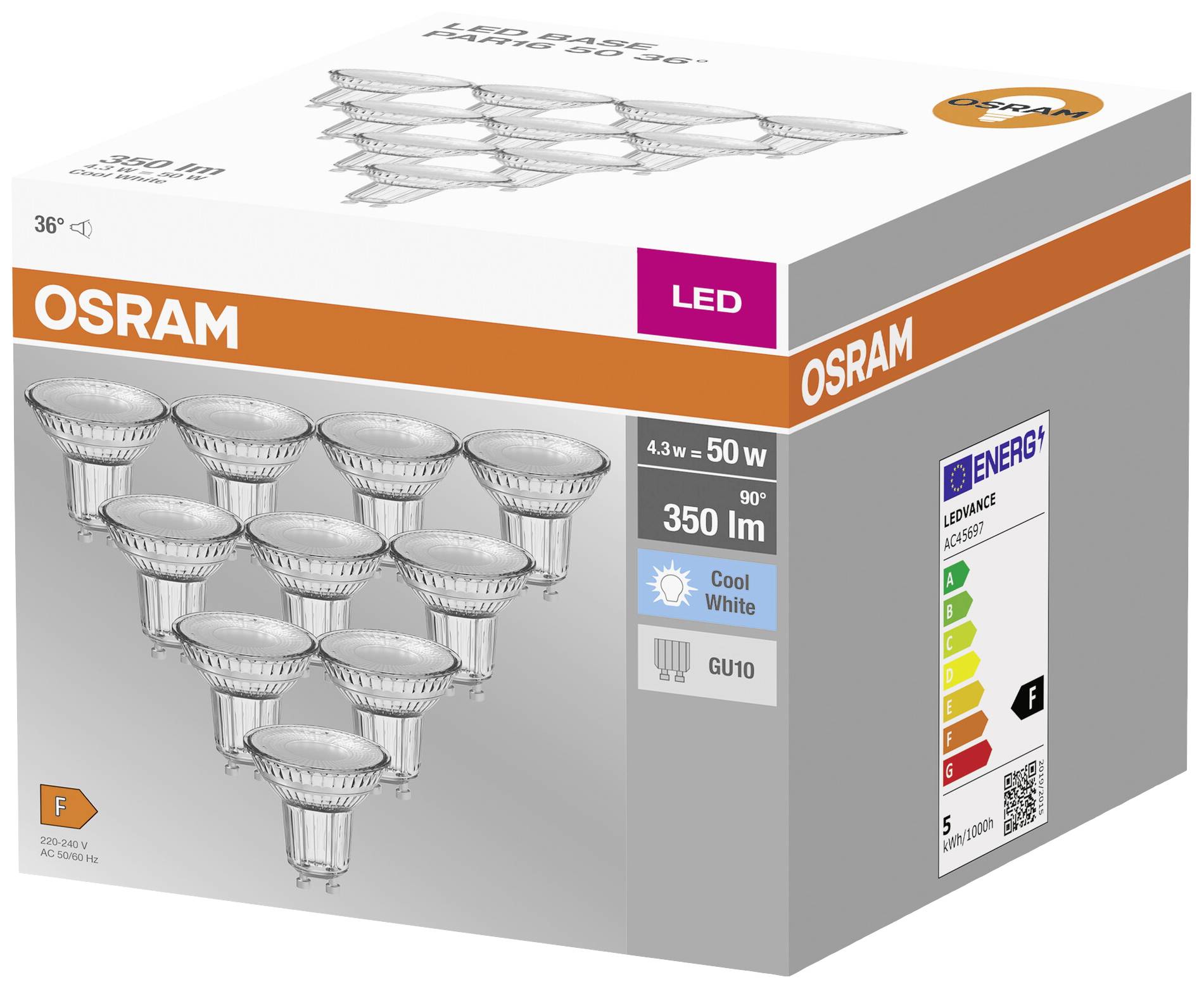 Ein Set von zehn OSRAM LED-Glühbirnen in einem Karton. Jede Birne hat 4,3 W, 350 lm, in Cool White. Die Energieeffizienzklasse ist F.