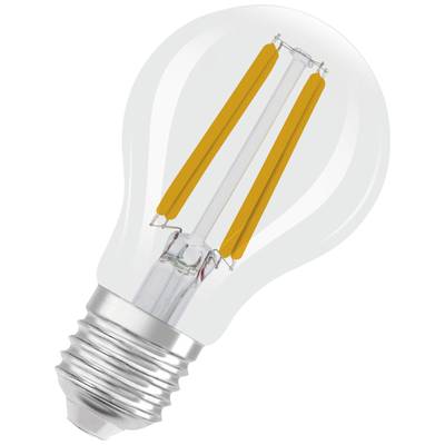 Eine Glühbirne mit gelben LED-Filamenten in einem klaren Glasgehäuse auf weißem Hintergrund.