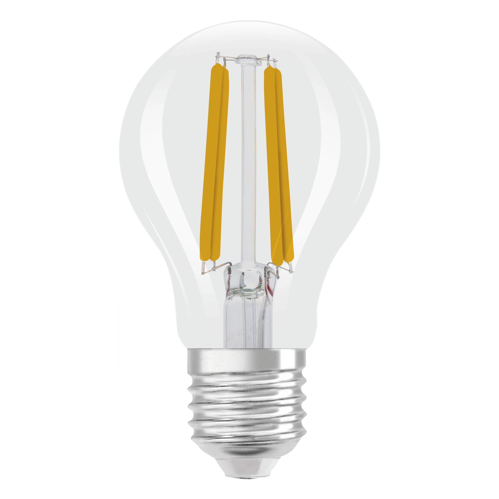 'Eine LED-Glühbirne mit sichtbarem gelbem Filament, dargestellt von vorne.'