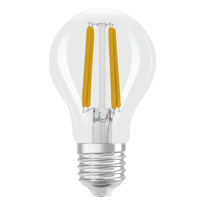 'Eine LED-Glühbirne mit sichtbarem gelbem Filament, dargestellt von vorne.'