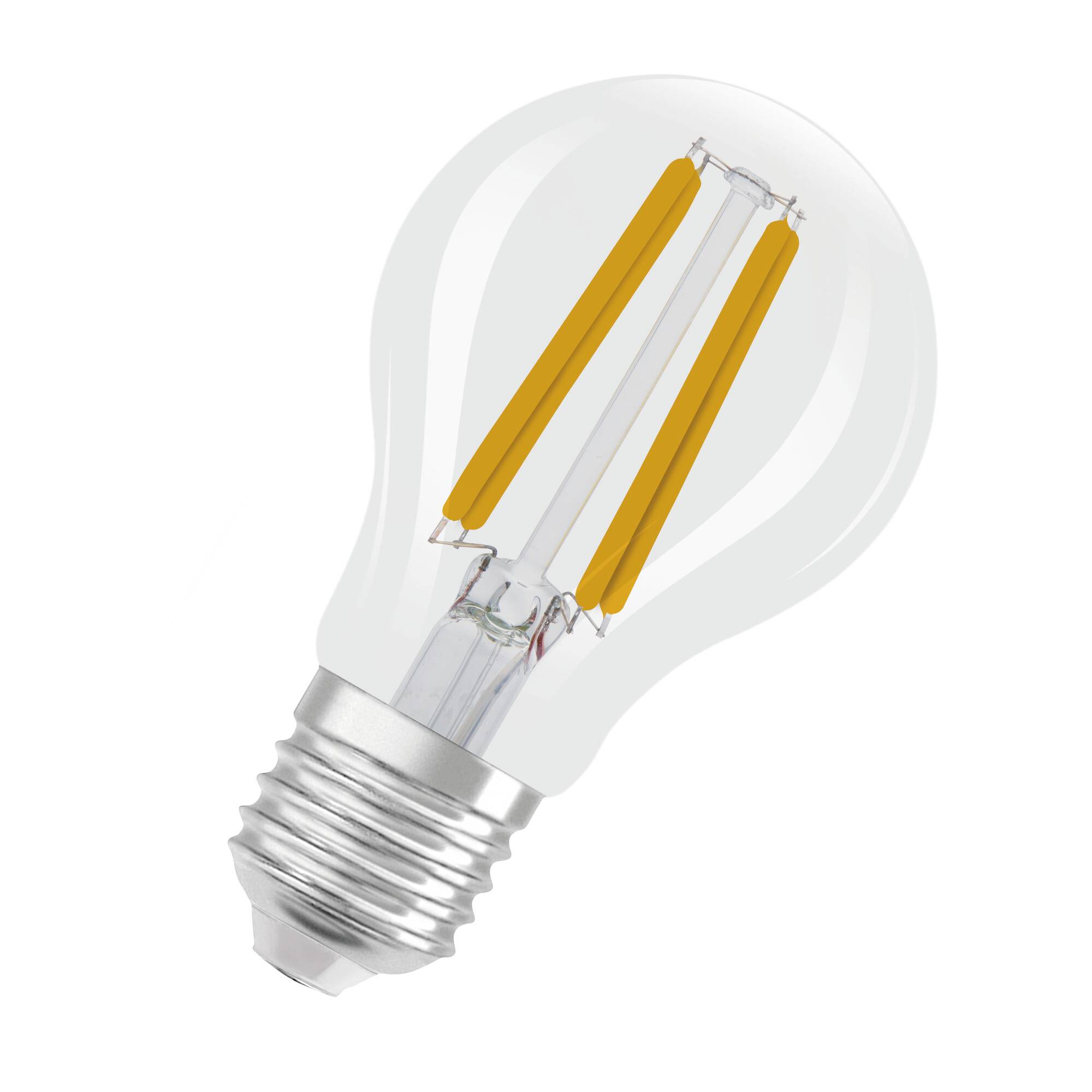 Eine LED-Glühbirne mit sichtbaren Filamenten, die typischerweise für energiesparende Beleuchtung verwendet wird.