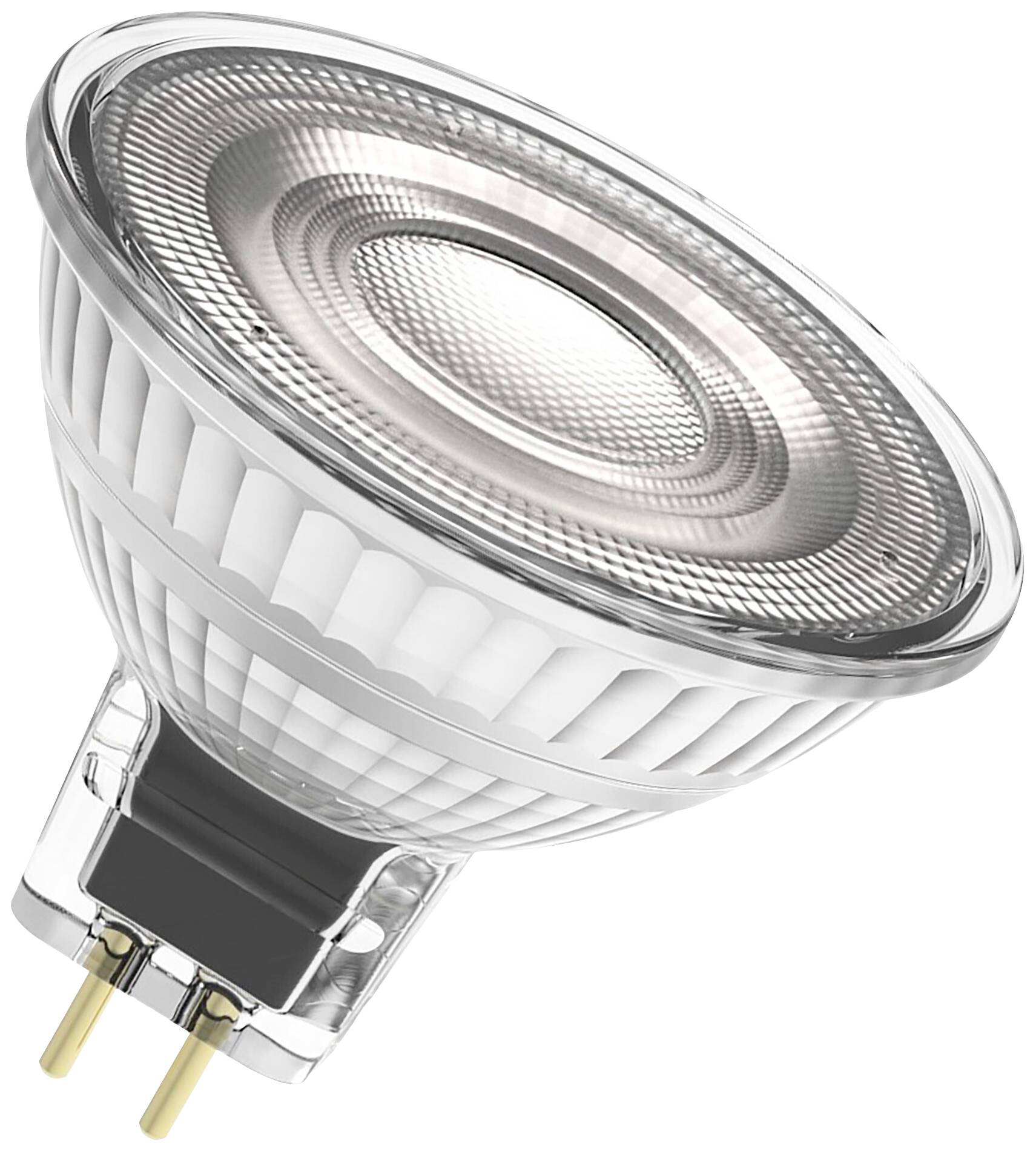 LED-Spotlampe mit klarer Glasabdeckung und GU10-Fassung, geeignet für energieeffiziente Beleuchtung.