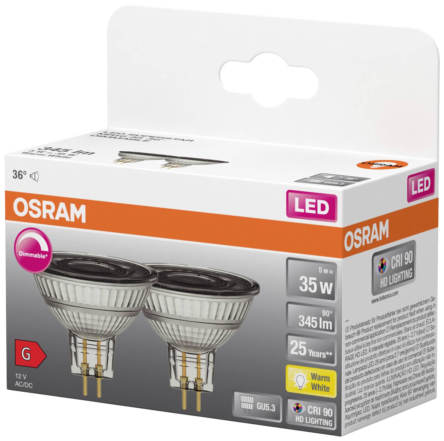 'Osram LED-Lampe, 5W, 35W Äquivalent, dimmbar, 345 Lumen, 90° Abstrahlwinkel, warmweiß, Lebensdauer bis 25 Jahre, CRI 90.'