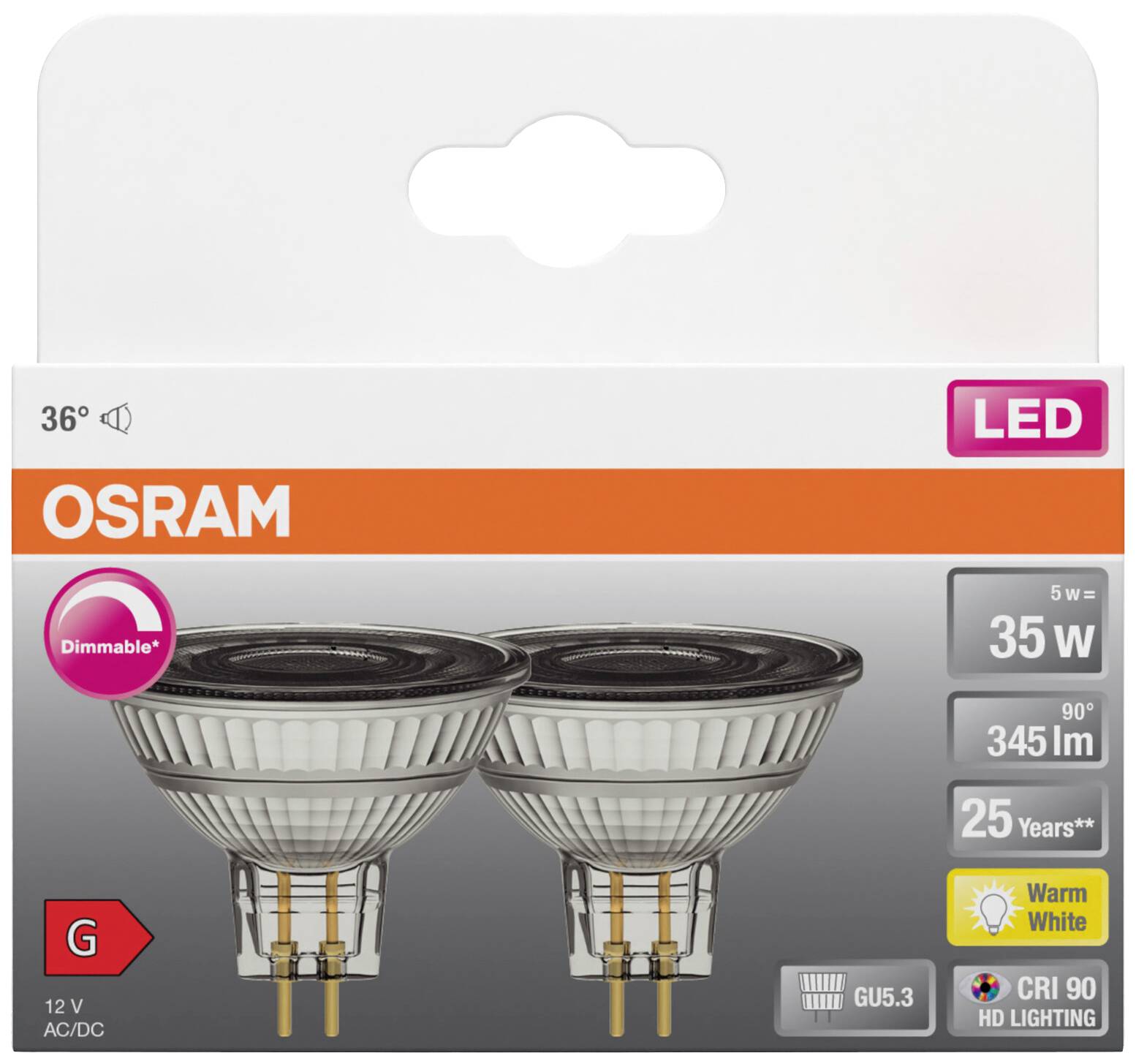 'OSRAM LED GU5.3 Lampe, dimmbar, 35 W, 345 lm, warmweiß, Lebensdauer 25 Jahre, Energieklasse G. Paket zeigt zwei Lampen.'