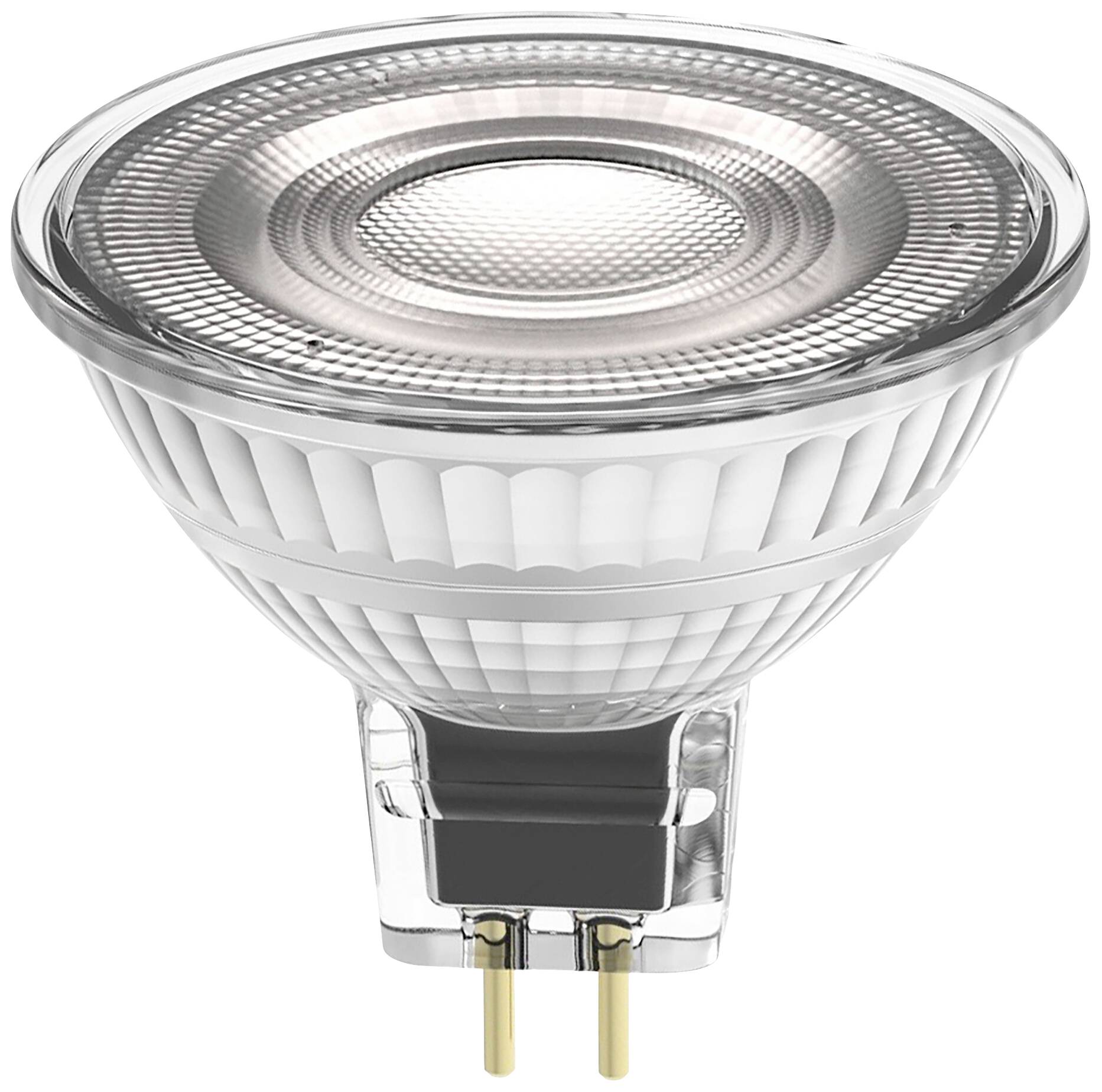 Eine LED-Reflektorlampe mit Stiftsockel, geeignet für energieeffiziente Beleuchtung. Sie hat eine transparente Abdeckung und geripptes Design.