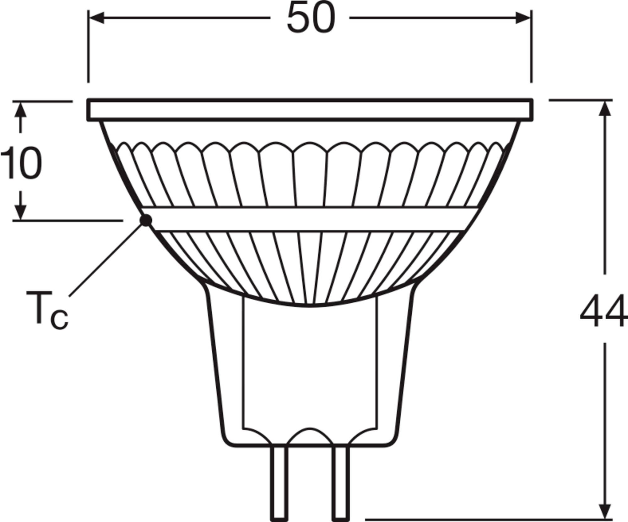 Technische Zeichnung einer GU10-Lampe. Maße: Durchmesser 50 mm, Höhe 44 mm, Basis 10 mm. Punkt 'Tc' markiert.