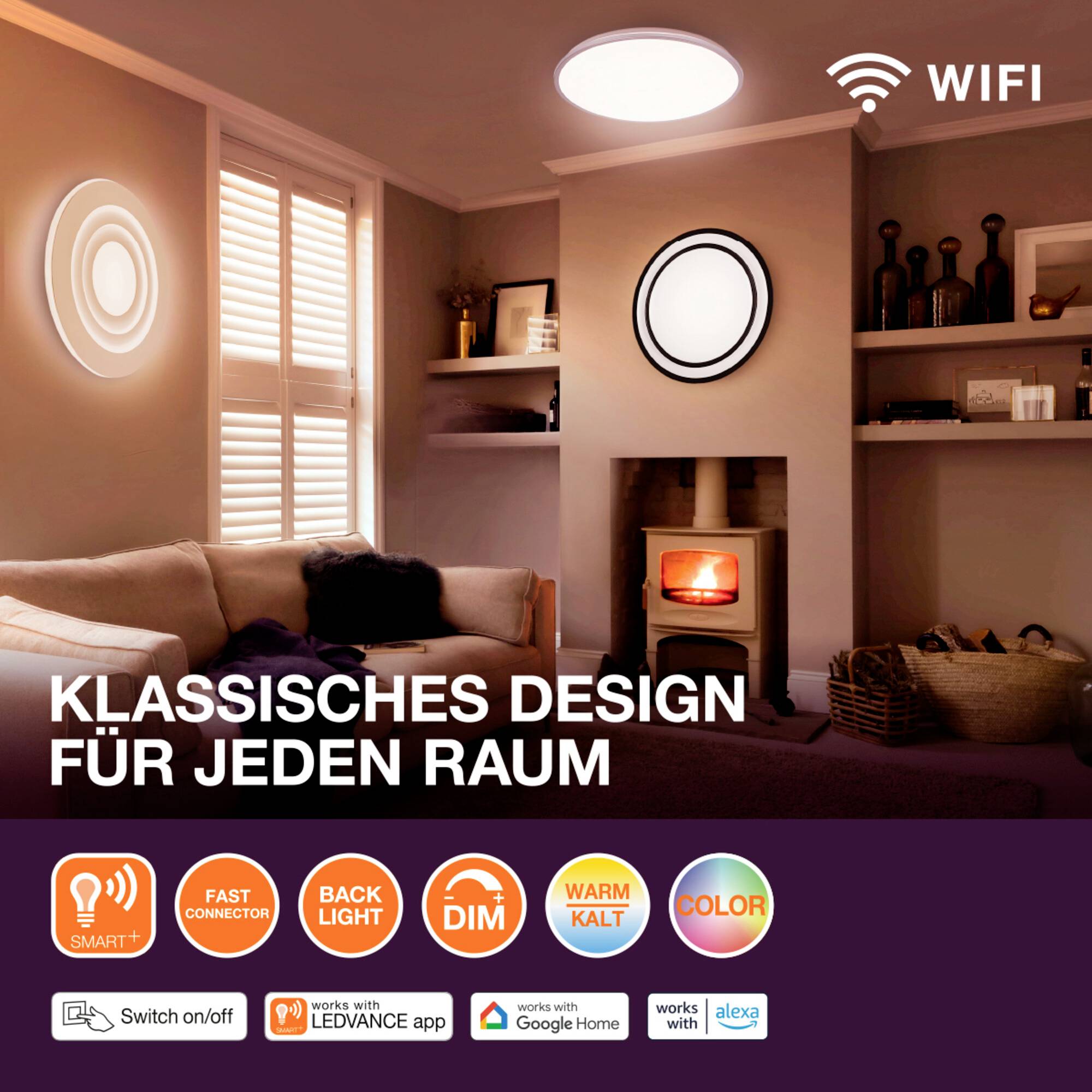 Wohnzimmer mit modernen, runden LED-Leuchten an Wand und Decke. Helle, warme Atmosphäre. Beschriftet: 'Klassisches Design für jeden Raum', inklusive WLAN-Kompatibilitätssymbole am oberen Rand.