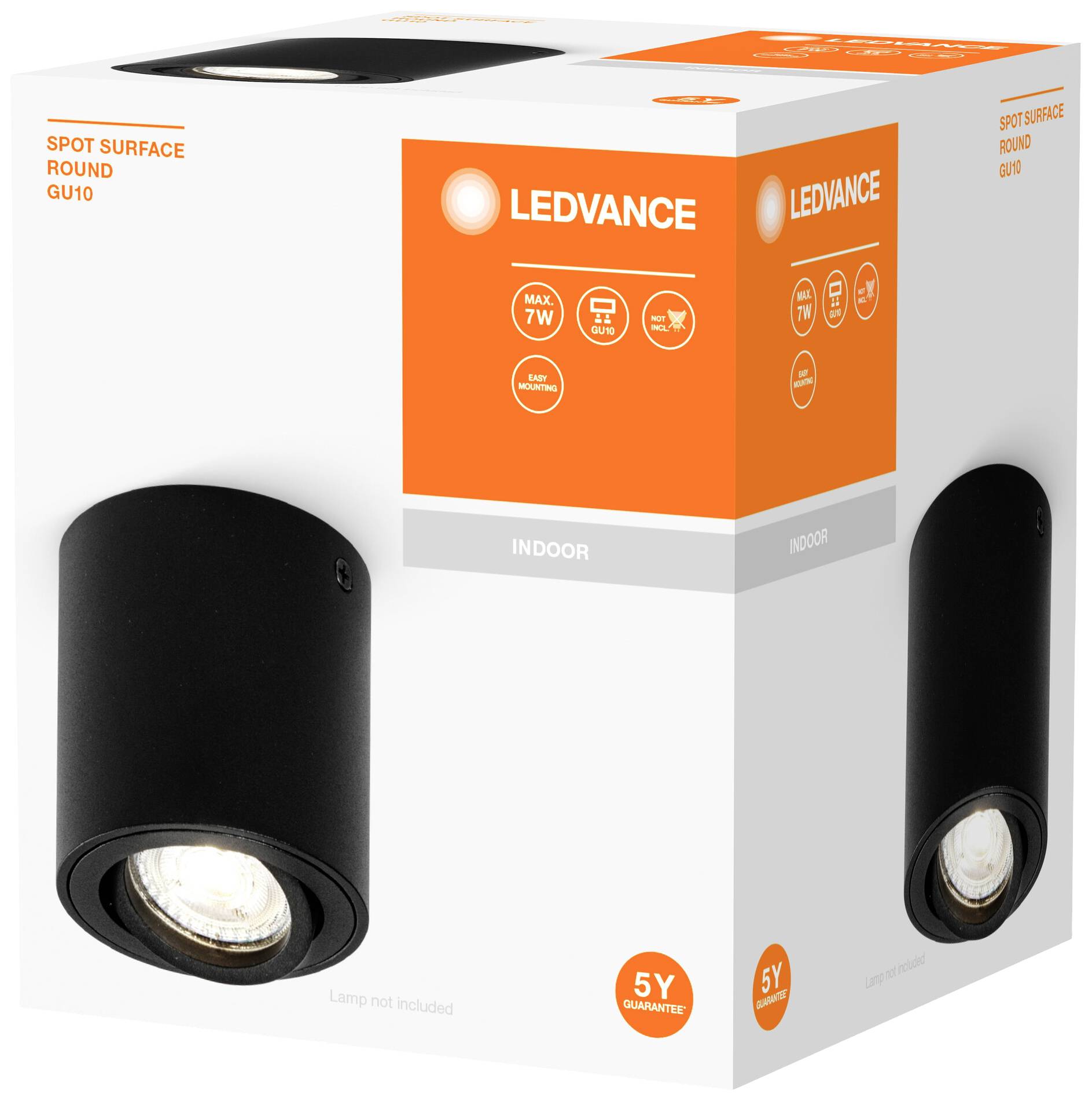 Verpackung einer schwarzen LED-Leuchte für Innenräume von Ledvance, max. 7W, runde Oberfläche, 5 Jahre Garantie.