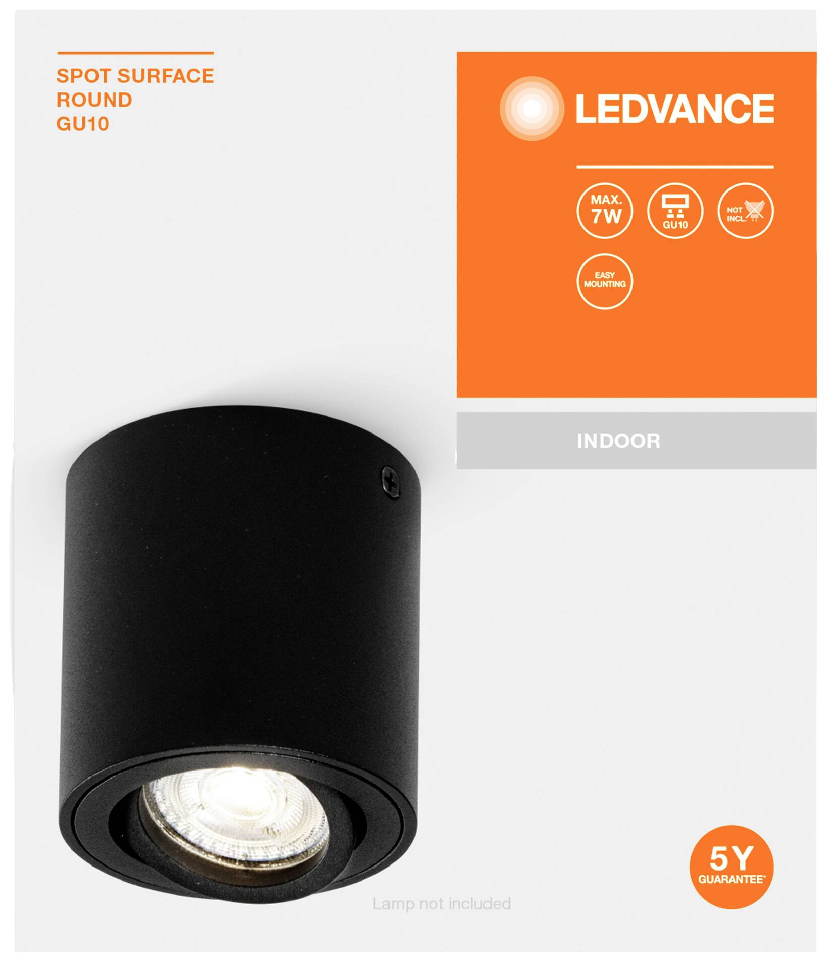 'LEDVANCE' Deckenstrahler, rund, für GU10 Lampe, max. 7W. Schwarzes Gehäuse, für Innenbereich, 5 Jahre Garantie. Lampe nicht enthalten.
