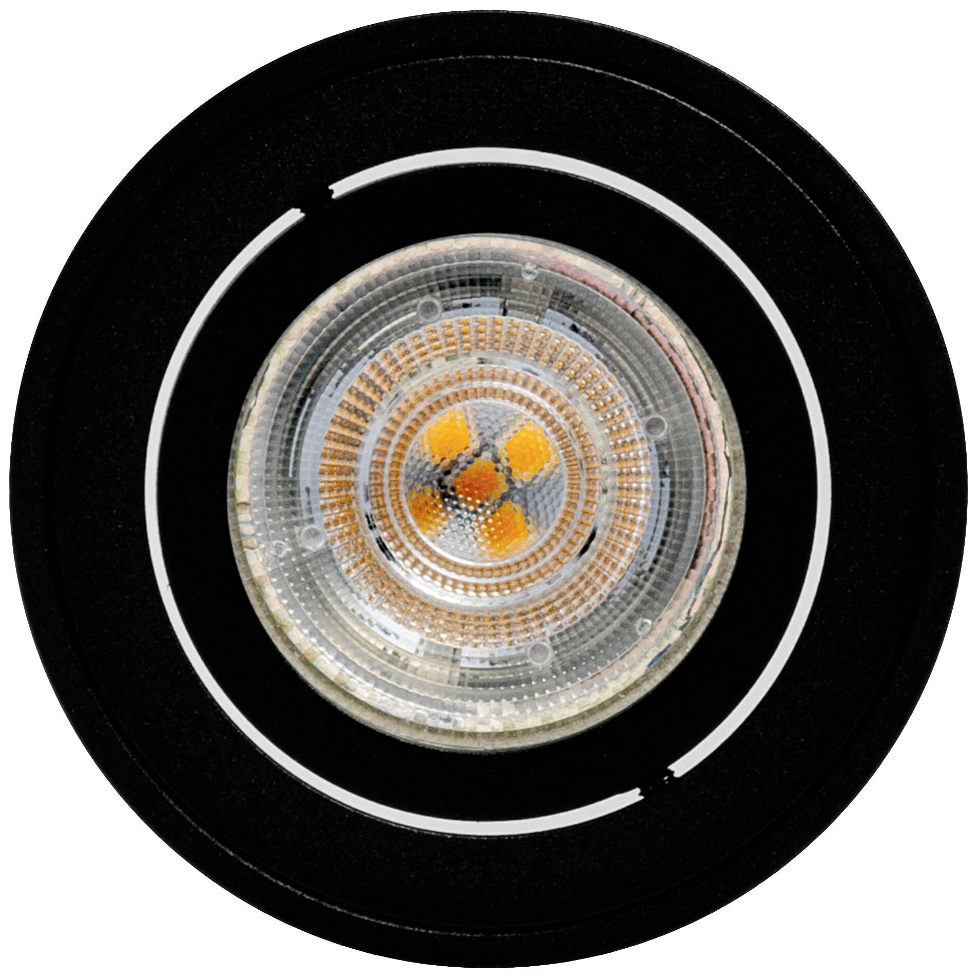 Eine LED-Glühbirne von unten gesehen, zeigt die orangefarbenen Chips und das reflektierende Material im Inneren der runden Fassung.
