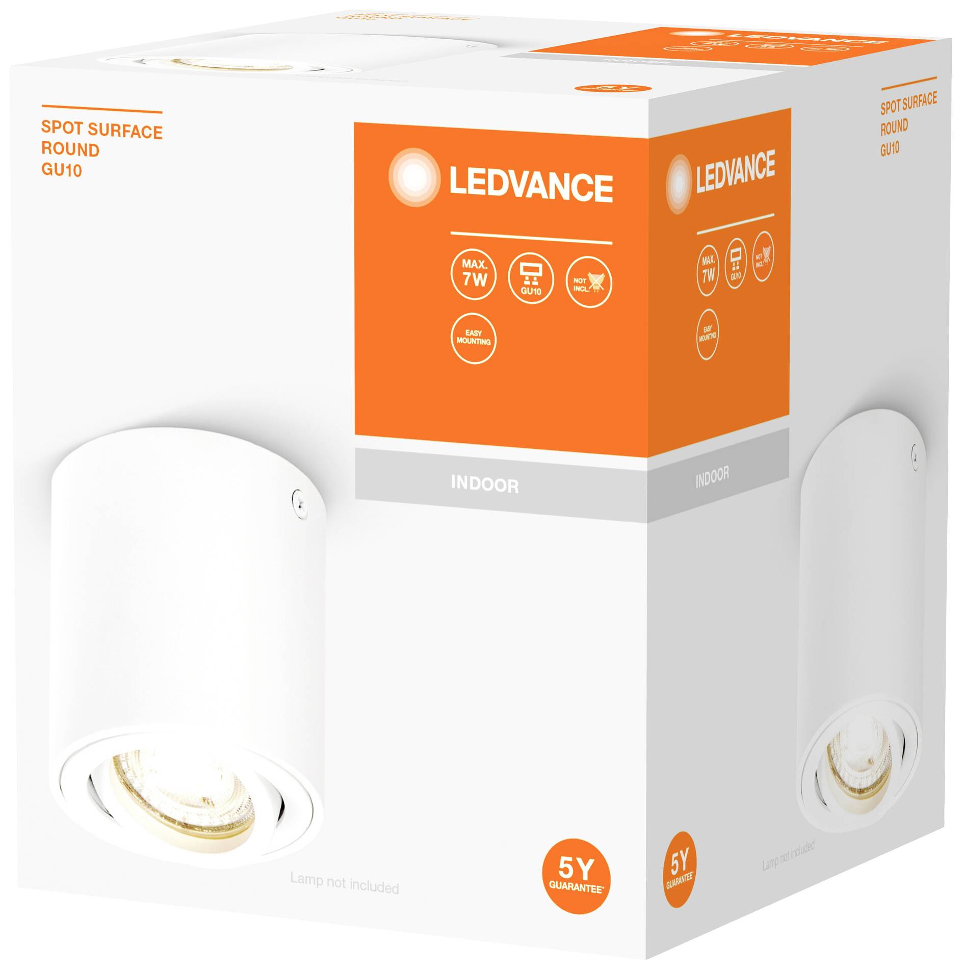 Produktverpackung für 'LEDVANCE Spot Surface Round GU10', maximale Leistung 7W, für den Innenbereich, mit 5 Jahren Garantie.