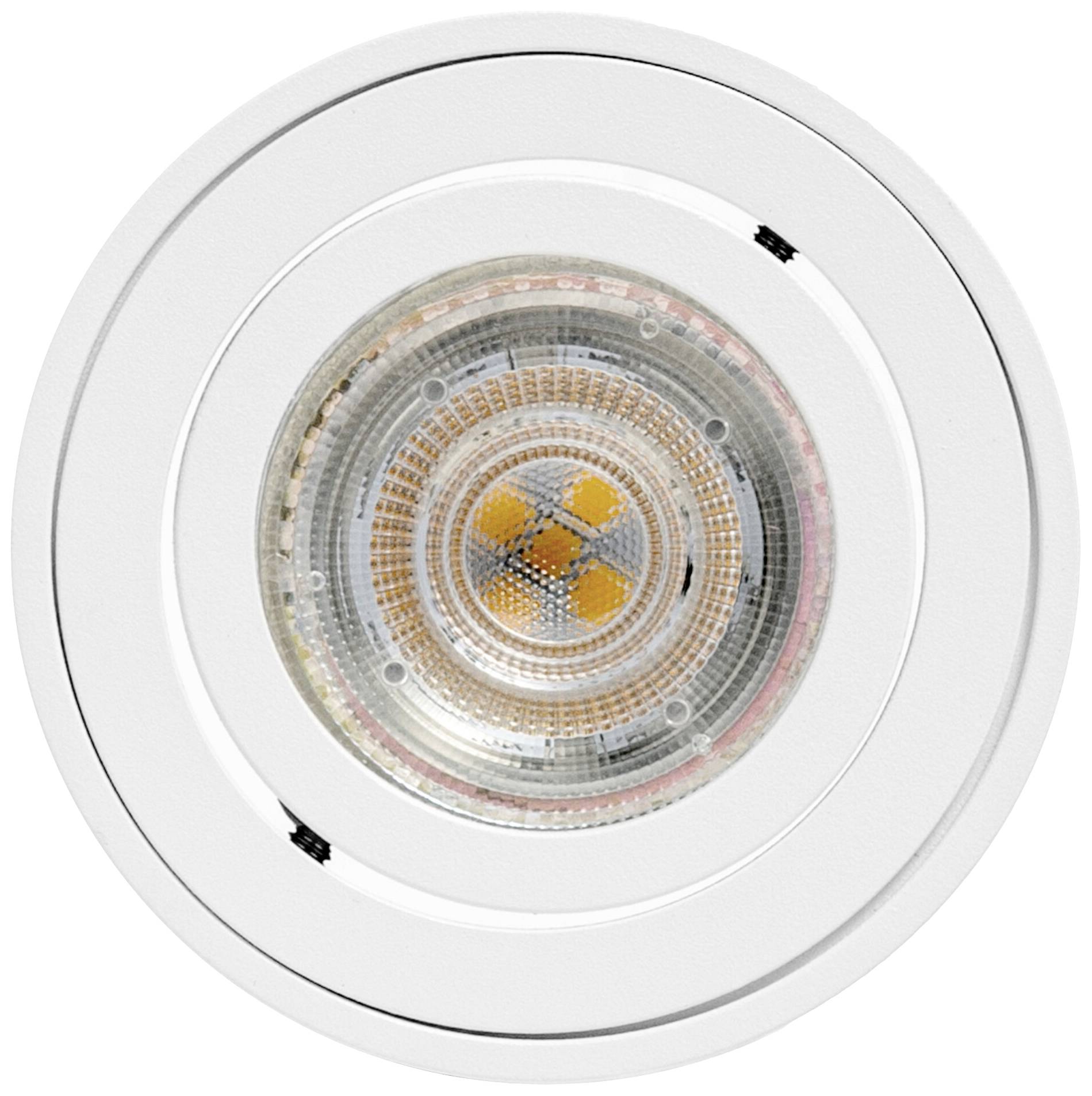 Ein runder, weißer LED-Deckeneinbaustrahler, zentral installiert, zeigt die Lichtquelle im Inneren. Ideal für moderne Beleuchtung.