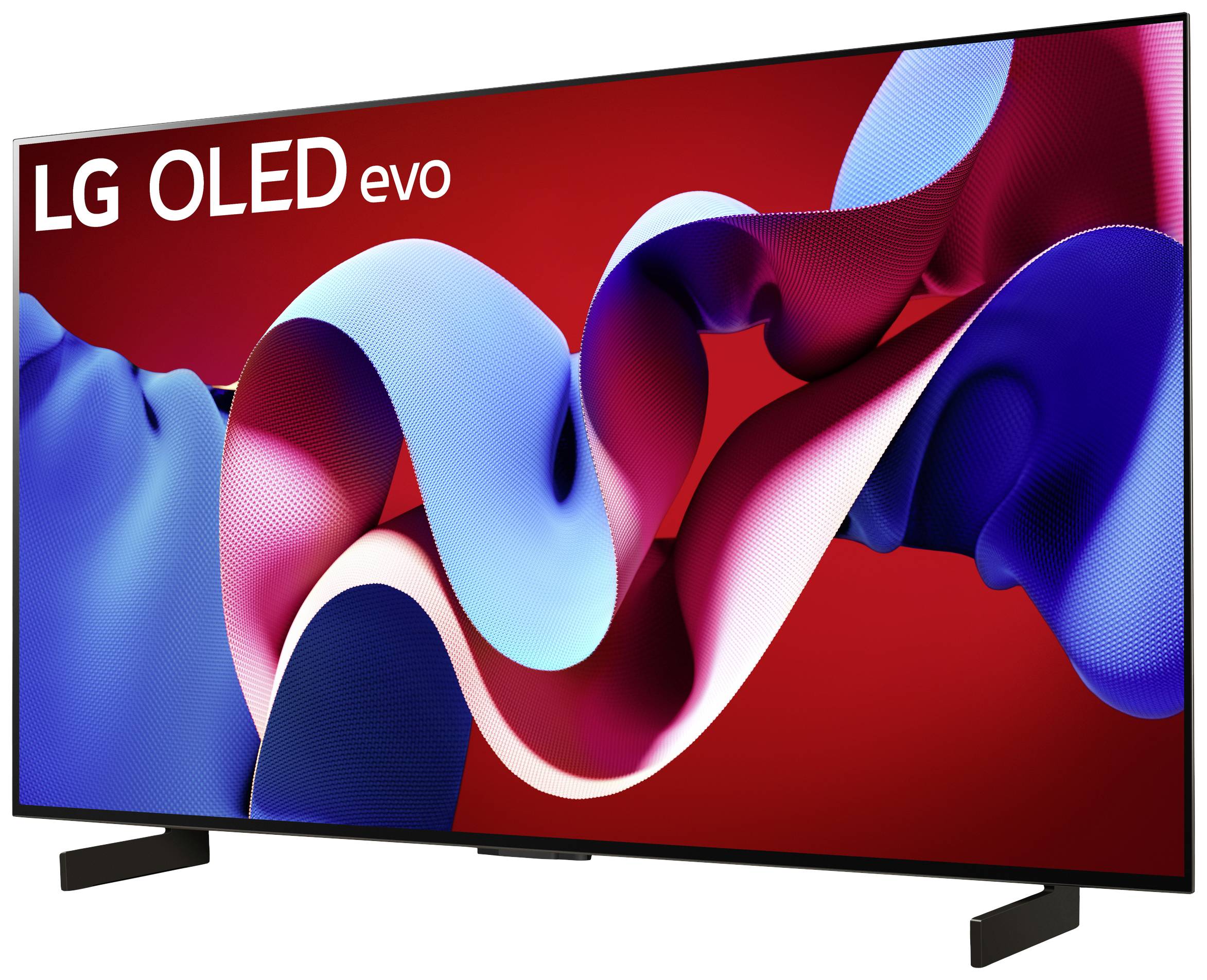 Ein LG OLED evo Fernseher mit einem lebendigen Display, zeigt abstrakte rote und blaue Formen auf einem roten Hintergrund.