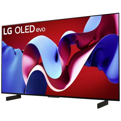 Ein LG OLED evo Fernseher mit einem lebendigen Display, zeigt abstrakte rote und blaue Formen auf einem roten Hintergrund.