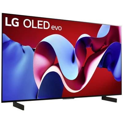 Ein LG OLED evo Fernseher mit einem dynamischen rot-blauen Hintergrundbild auf dem Bildschirm dargestellt.