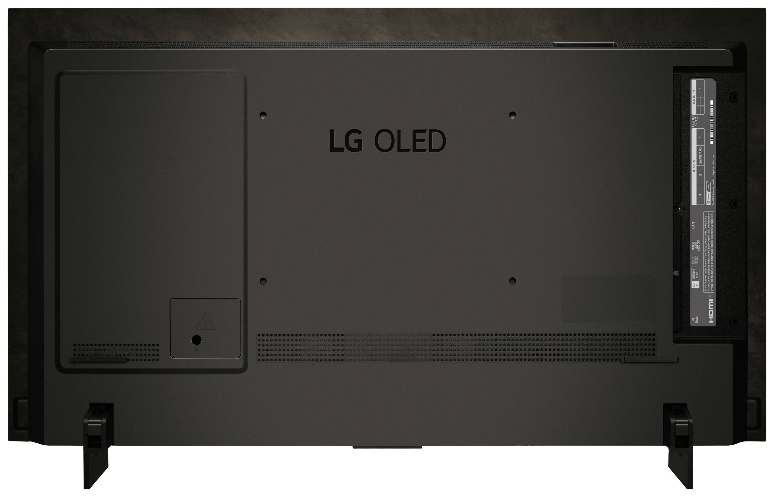 Rückseite eines LG OLED Fernsehers mit Anschlüssen, Standfüßen und Lüftungsschlitzen.