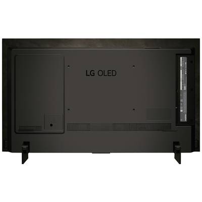 Rückseite eines LG OLED Fernsehers mit Anschlüssen, Standfüßen und Lüftungsschlitzen.