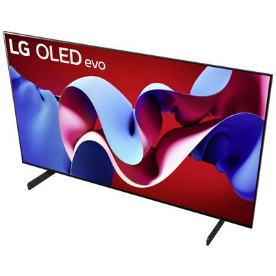 Flachbildfernseher mit rotem Hintergrund und gebogenem Farbband auf dem Bildschirm. Markierung 'LG OLED evo' oben links.